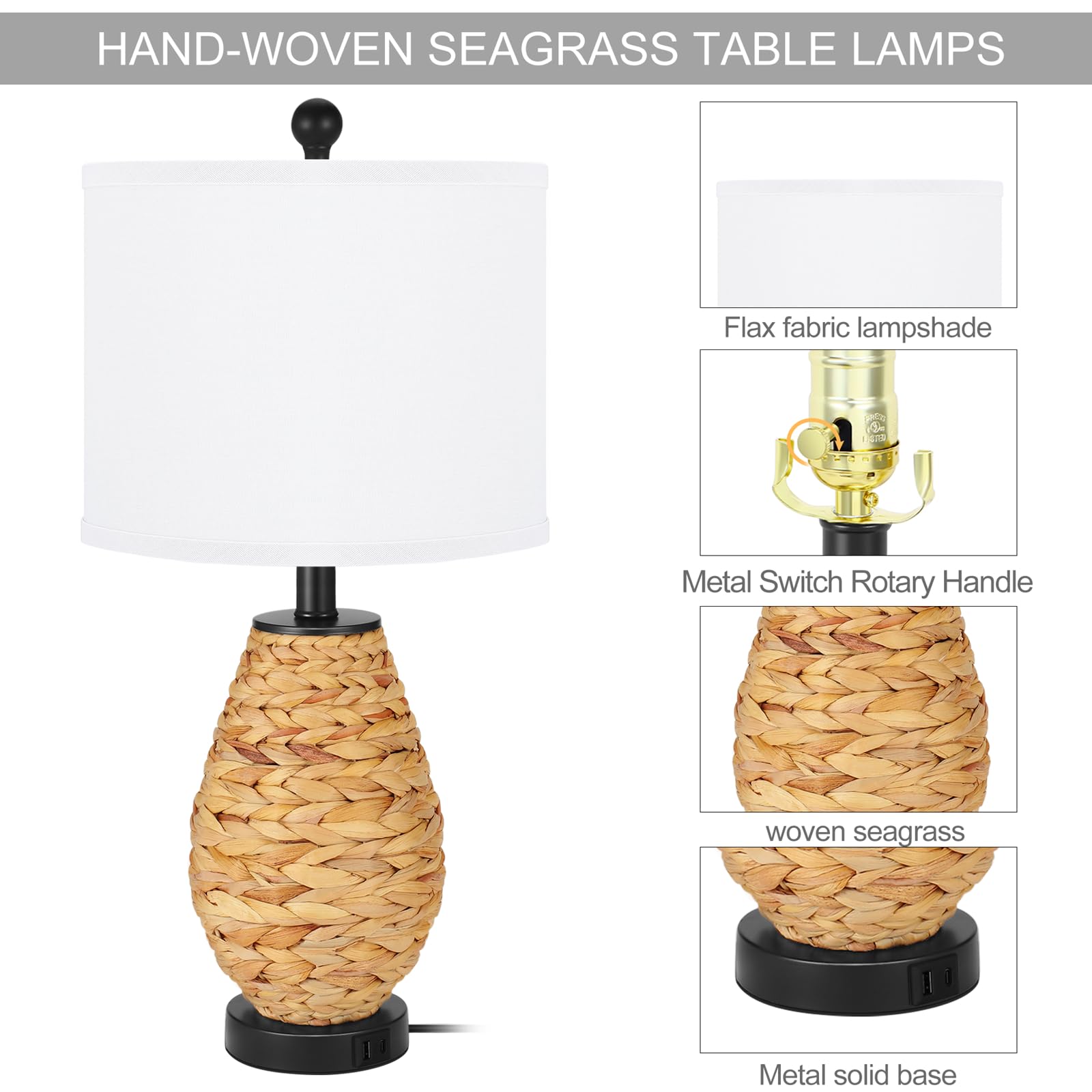 Tpamswo Coastal Table Lamps Set Of 2, Retro Natural Seagrass Rattan Woven 24" Bedside Lamp, For Bedroom Living Room Home Nightstand Table Lamp(With Usb C+A 5V 2.1A Charging Ports)