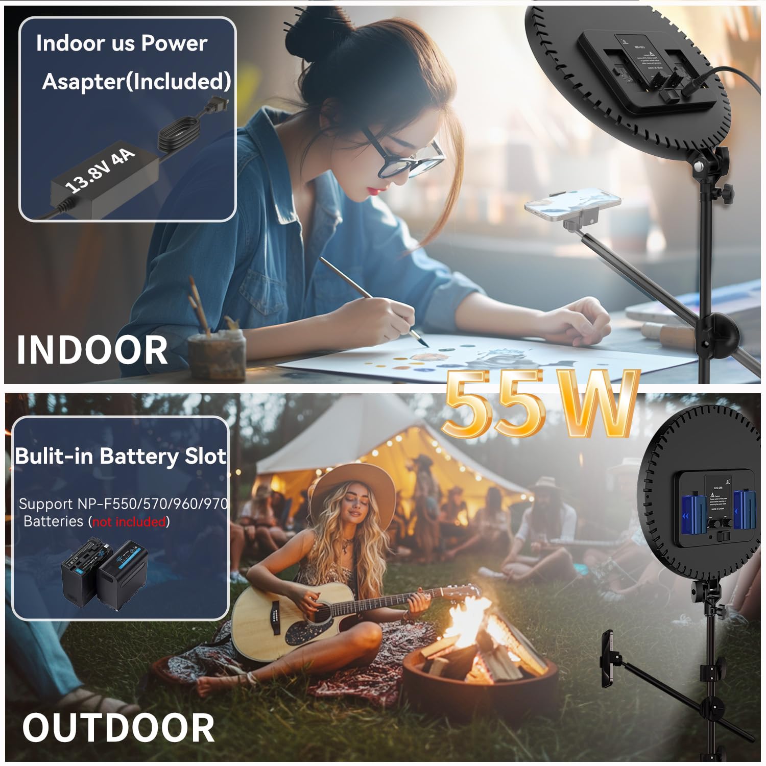 Jj Jianjin Large Ring Light Professional 55W With 72" Tripod Stand,Full-Screen Selfie Ring Light All-Purpose Stand For Live Stream, Youtube, Tiktok, Video Recording With Remote. (Black-2, 13)
