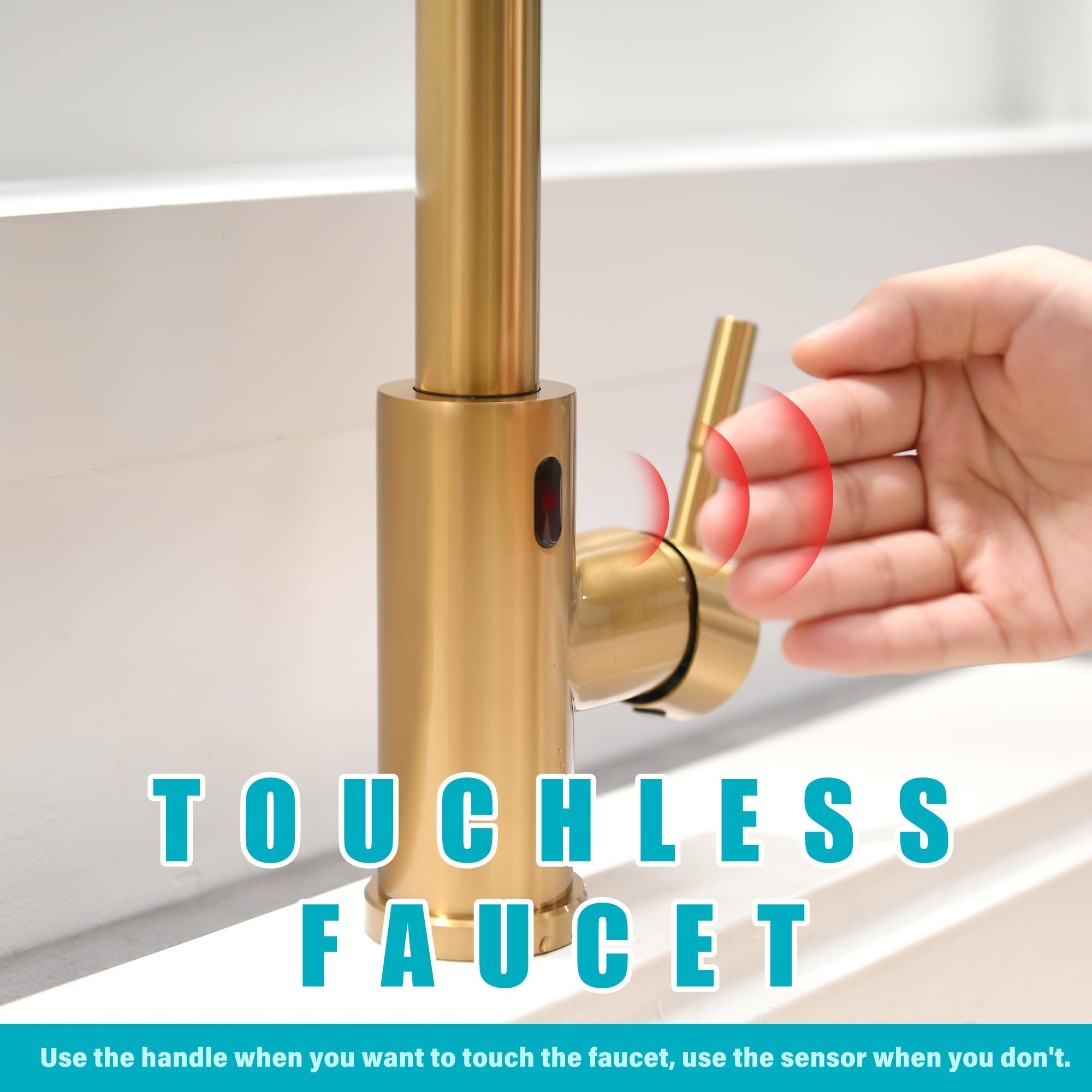 Gimili Gold Touchless Kitchen Faucet With Pull Down Sprayer, Brushed Brass Motion Sensor Smart Hands- Activated Single Hole Spring Faucet For Kitchen Sink