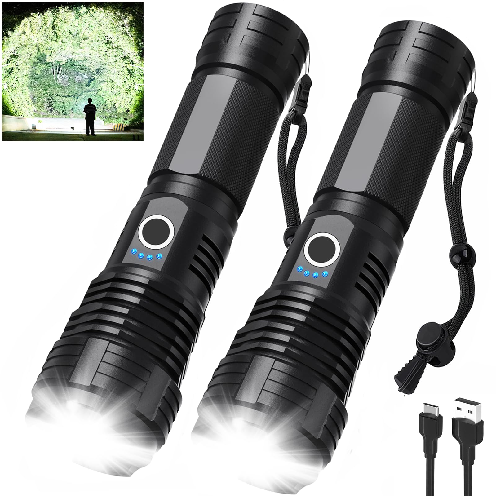 Lbe Led Flashlights 990000 Lumen High Lumens Rechargeable 2 Pack, Brightest Flash Light With 5 Modes & 18H Runtime, Ipx7 Waterproof, Powerful Handheld Flashlights For Home Camping Hiking
