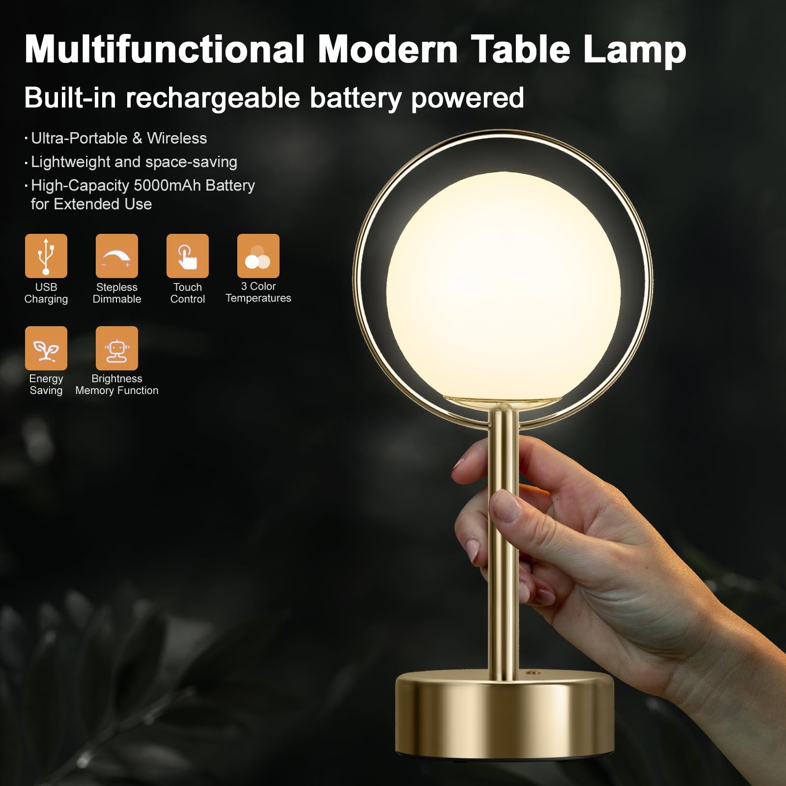 Fuzzbopn Table Lamp-1 Pack 5000 Mah Battery Operated Lamp, Dimming Touch Control Gold Lamp With 3 Color Temperature, Rechargeable Table Lamp For Living Room, Outdoor/Indoor, Bedroom, Restaurant
