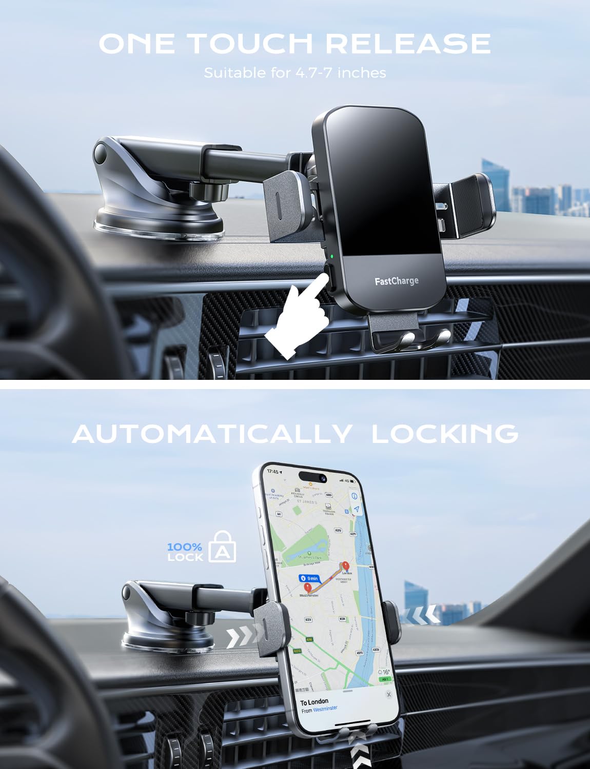 Chgeek Wireless Car Charger, 15W Fast Charging Auto Clamping Car Charger Phone Mount Phone Holder Fit For Iphone 16 15 14 13 12 Pro Max 11 Xr Xs, Samsung Galaxy S24 Ultra S23 S22 S21, S20, S10+, Black