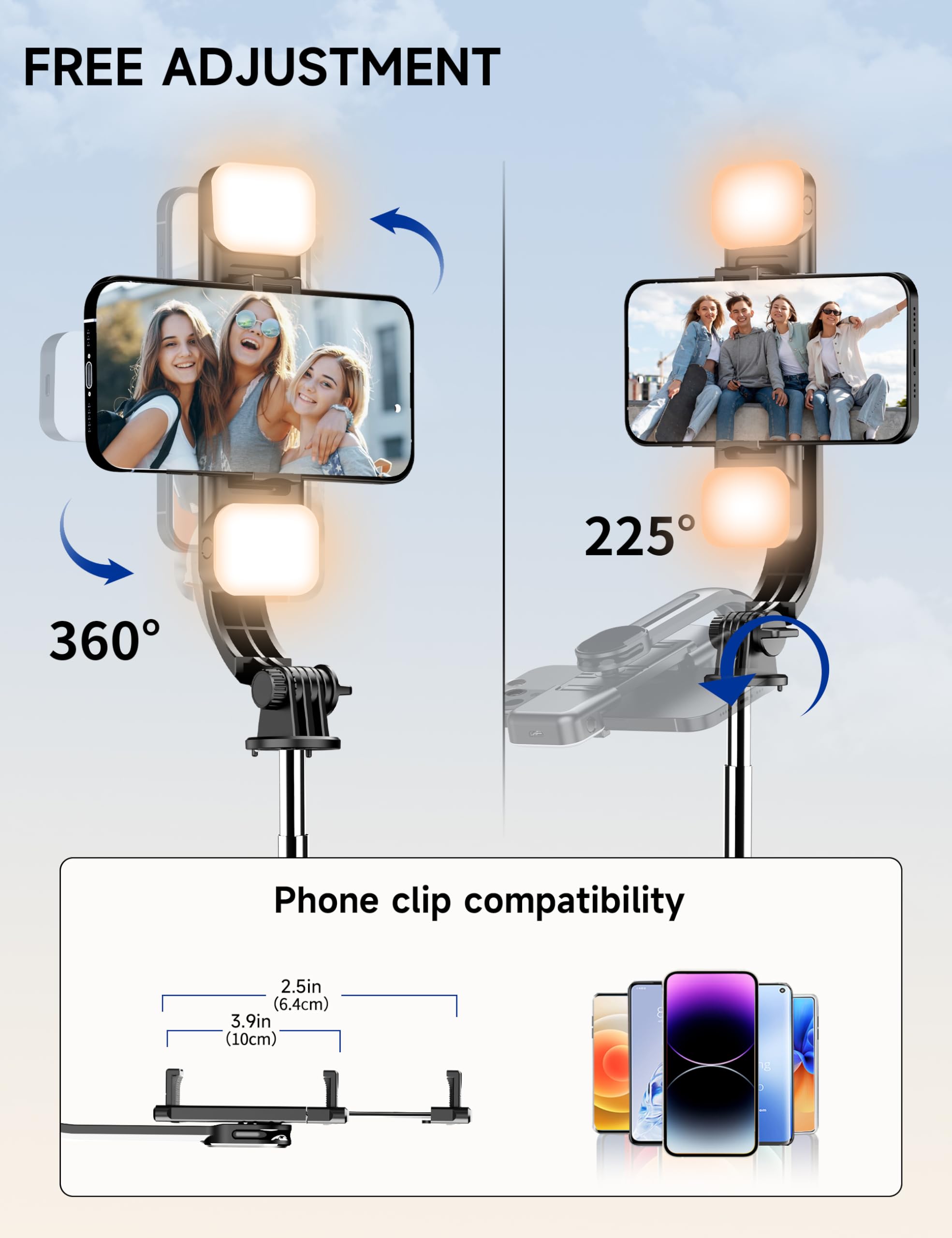Selfieshow 45" Selfie Stick Tripod With 2 Lights, Extendable 5 In 1 Selfie Stick Phone Tripod, Portable Selfie Sticks With Wireless Remote Compatible With Iphone 15/14/13 Pro Max, Samsung, Android, Gopro