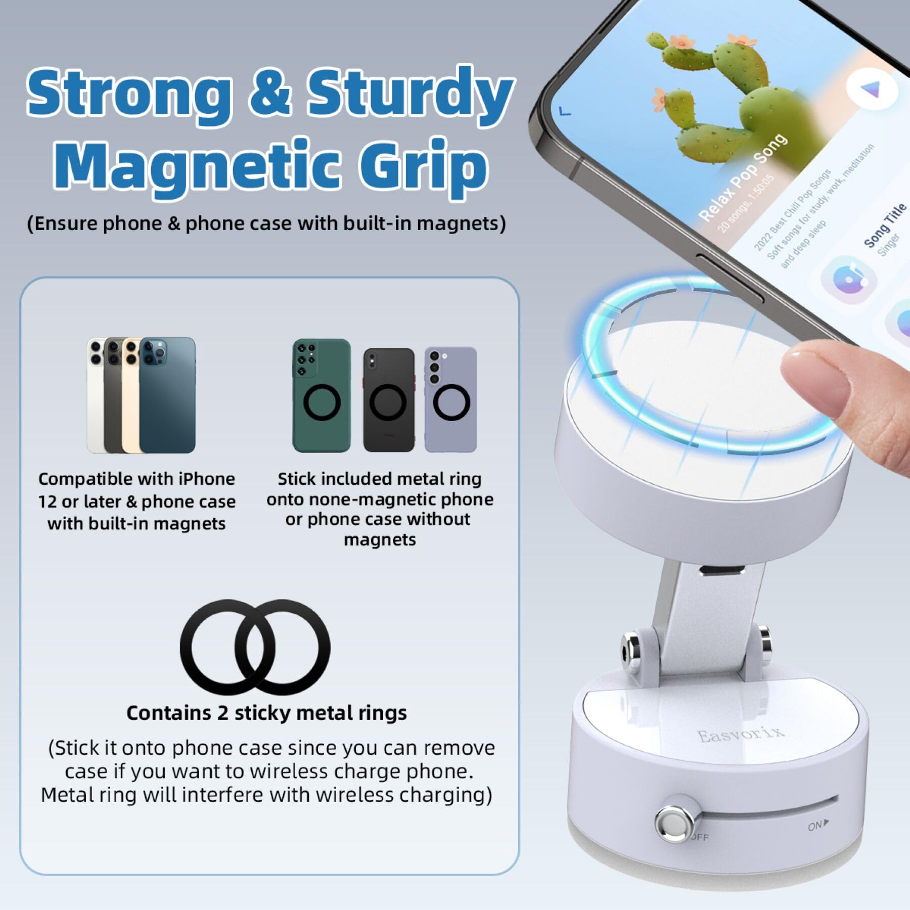 Easvorix Vacuum Magnetic Phone Holder With Metal Ring Compatible With Iphone 16 15 14 13 All Phone, Portable Universal Collapsible Magnetic Phone Stand For Gym, Car Mount With Windshield Suction Cup