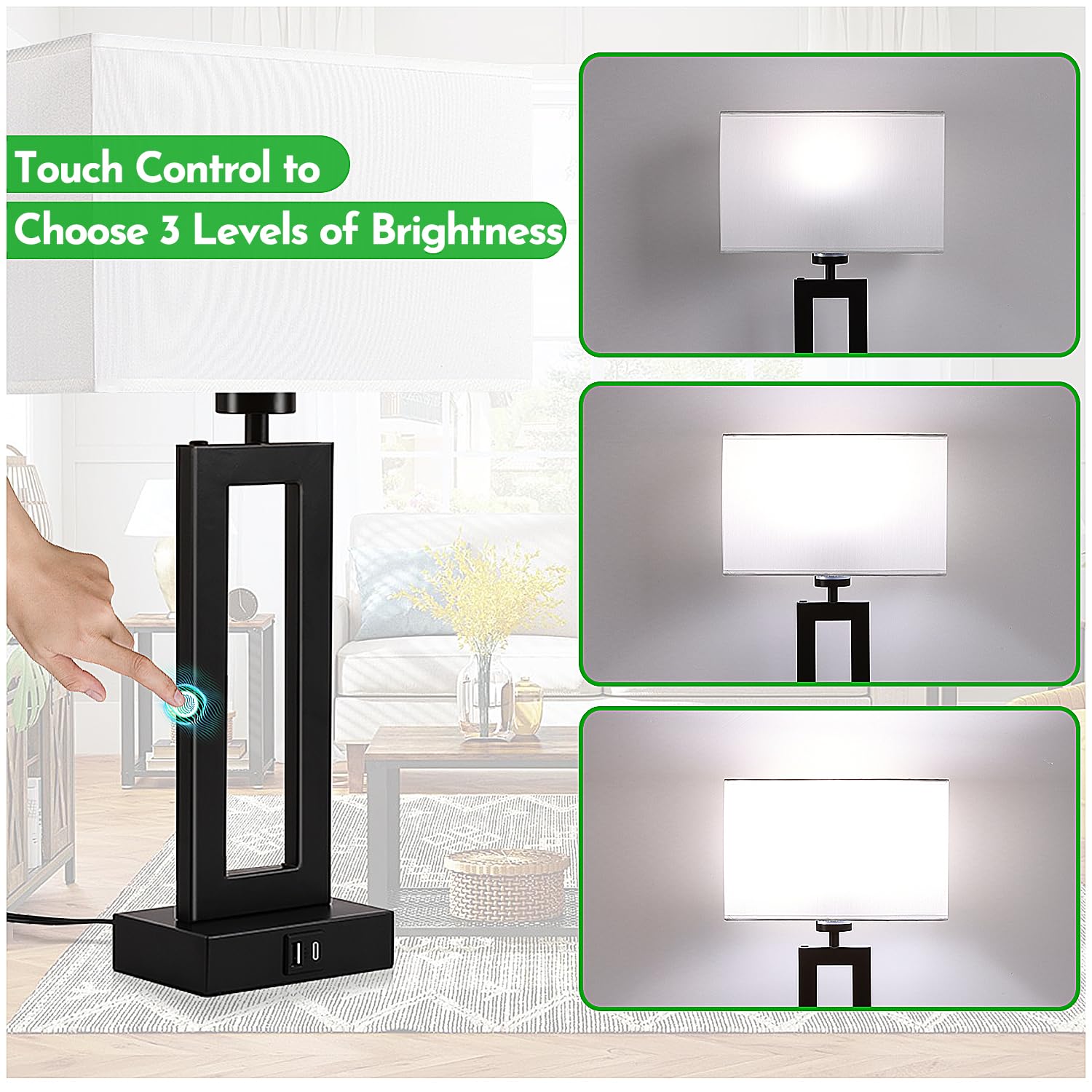 Momyofdy Lamps For Bedrooms - Set Of 2 Modern Table Lamps With Touch Control, 3 Way Dimmable, Usb C&A Charging, White&Black