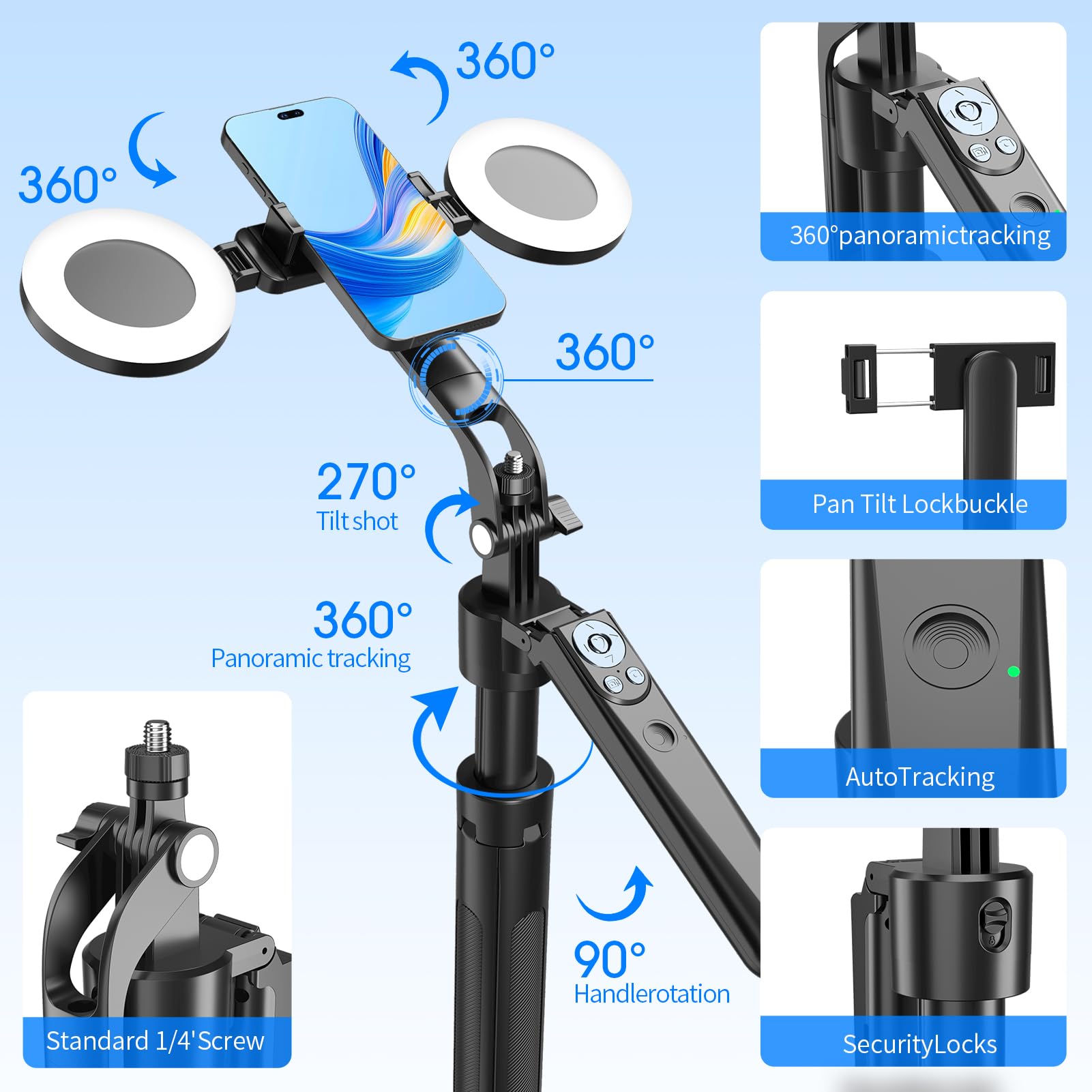 Etibig 71'' Auto Face Tracking Tripod For Iphone 360° Rotation Tripod With Wireless Remote And Gesture Controls，Motion Sensor Phone Stand With Light Applied To Youtube, Tiktok, Facetime