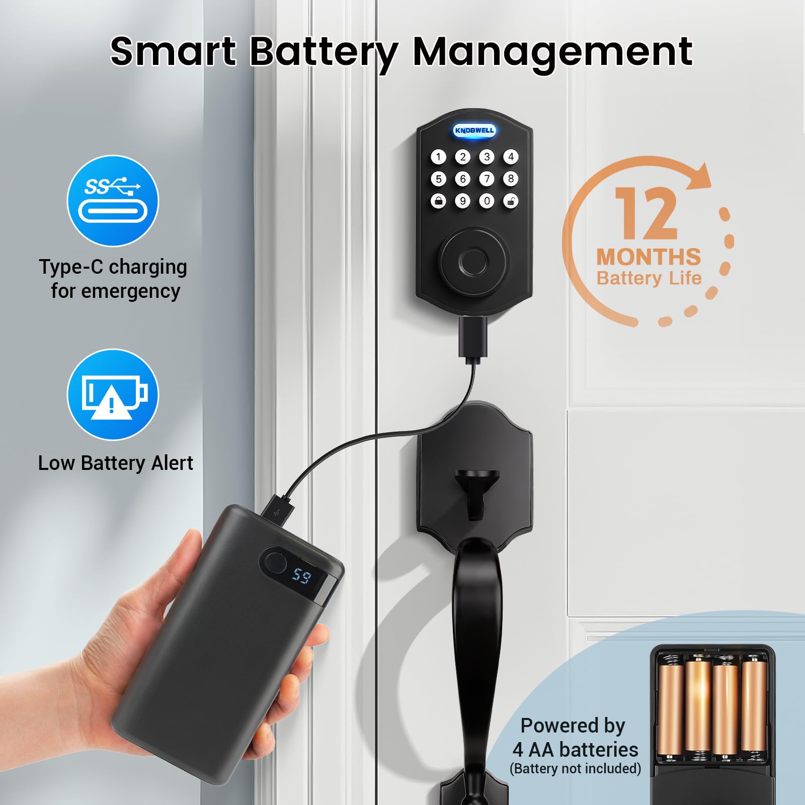 Knobwell Keyless Entry Door Lock With Handle Set,Front Door Handle Set，Password Door Lock Fingerprint & Keypad Deadbolt, Auto Lock, Matte Black