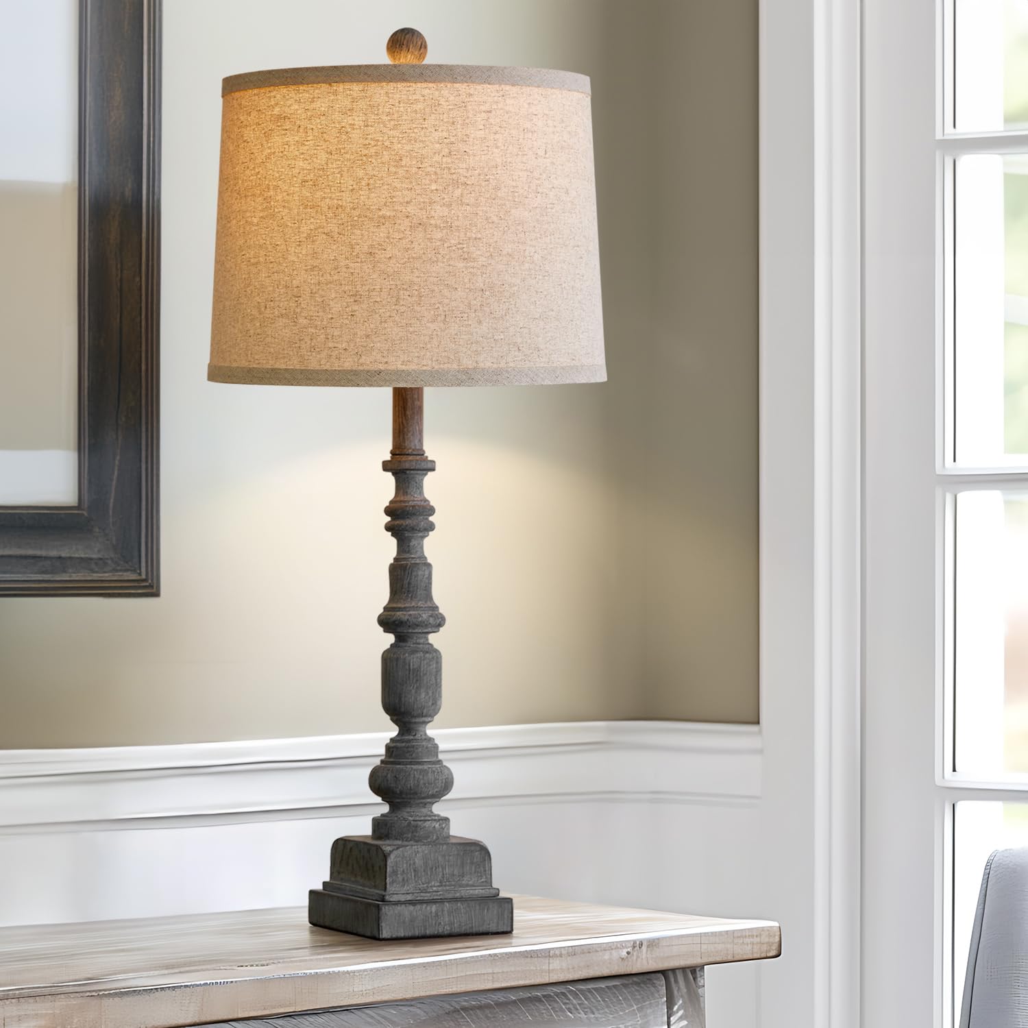 Oneach 27.75" Single Table Lamp For Living Room, Farmhouse Bedside Lamps With Dual Usb Port For Bedroom Kids Room Dorm Office, Rustic Lamps For End Table Nigntstand Resin