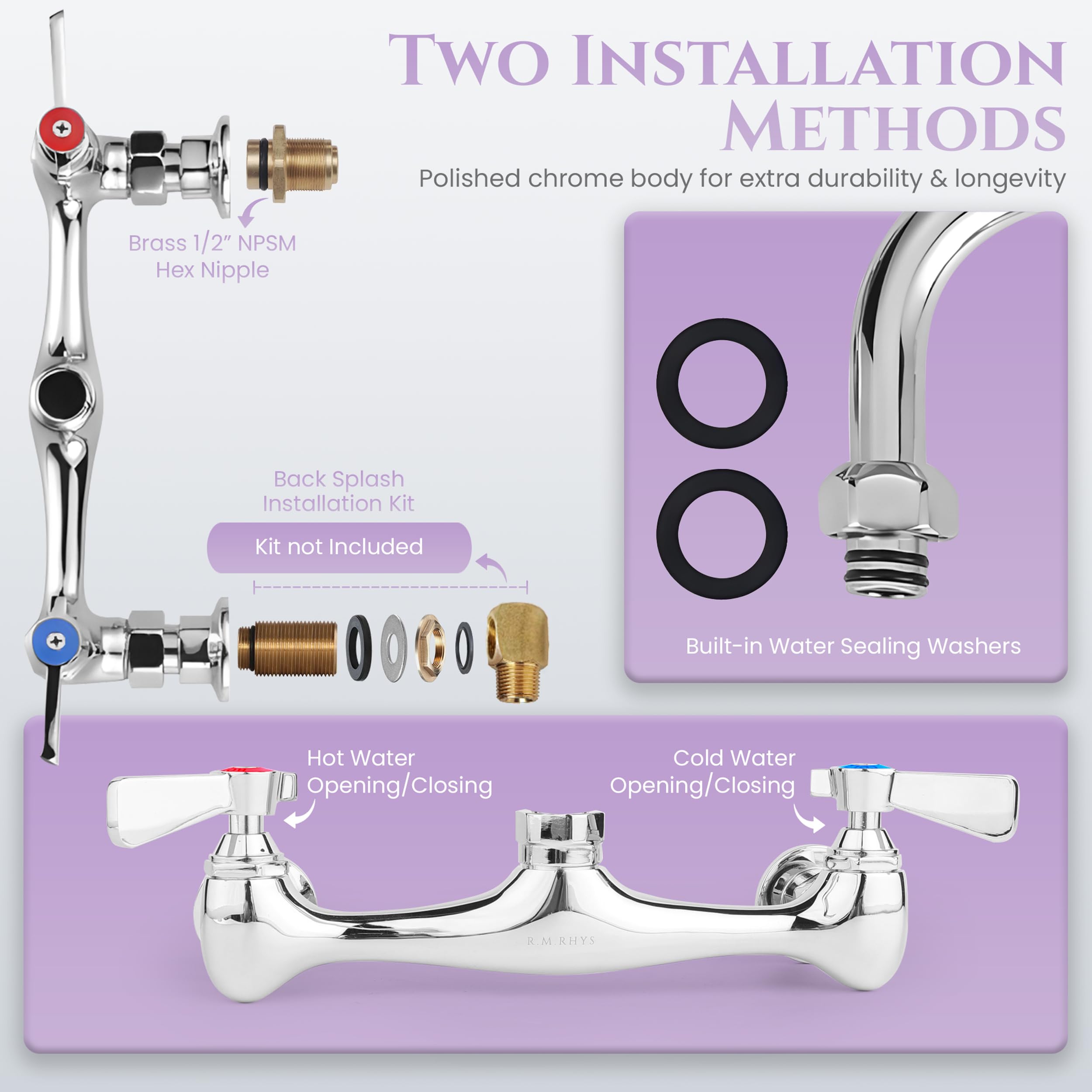 R.M. Rhys Stainless Steel Kitchen Faucet – 8" Center, 12" Spout - Solid Brass Commercial Wall Mount Faucet - Dual Levers & Polished Chrome Finish - Utility Sink Faucet For Commercial & Home Use