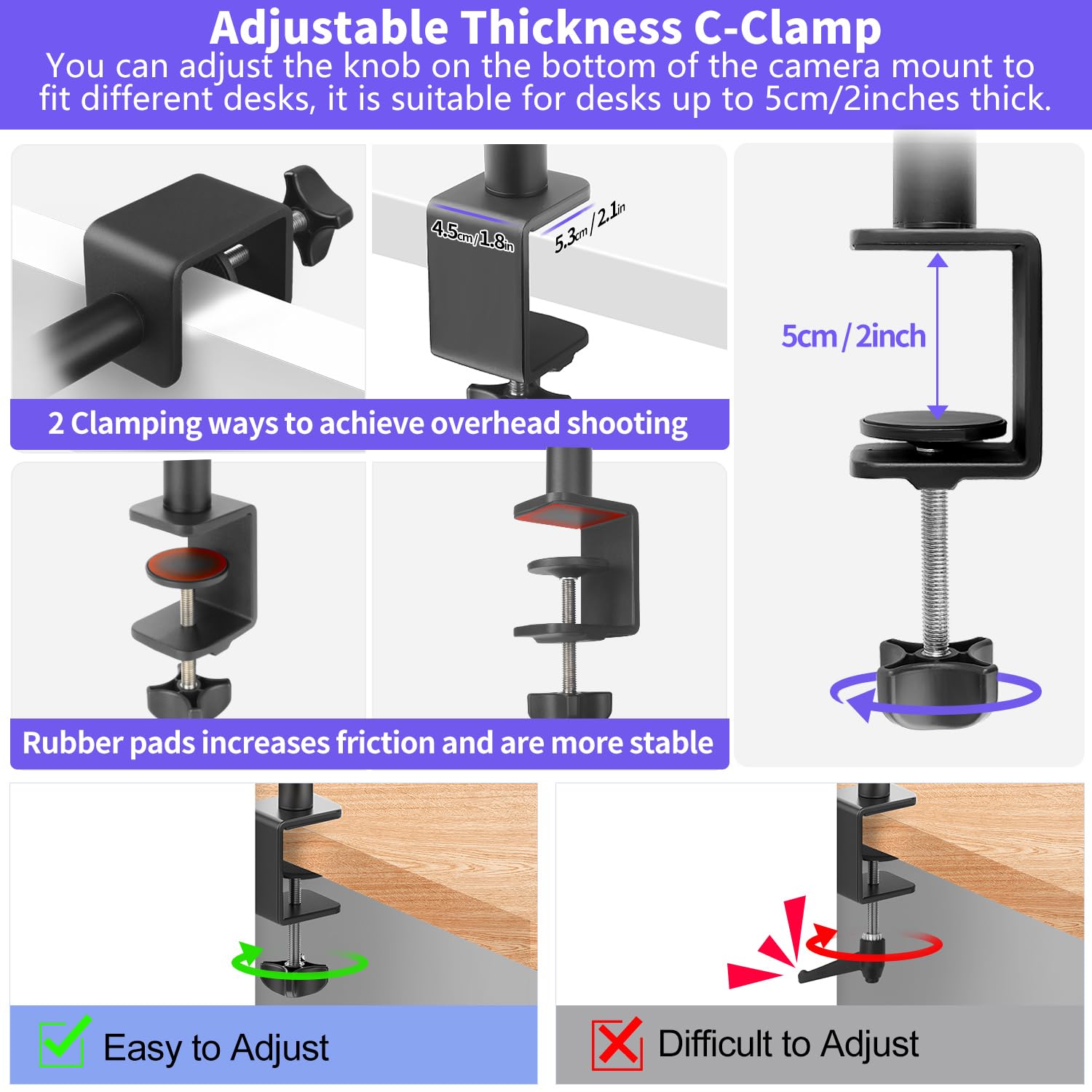 Jinsui Camera Desk Mount Webcam Stand With 360° Ball Head, Adjustable Table Light Stand 14"-33", Tabletop C Clamp For Dslr Camera, Ring Light, Live Streaming, Photo Video Studios