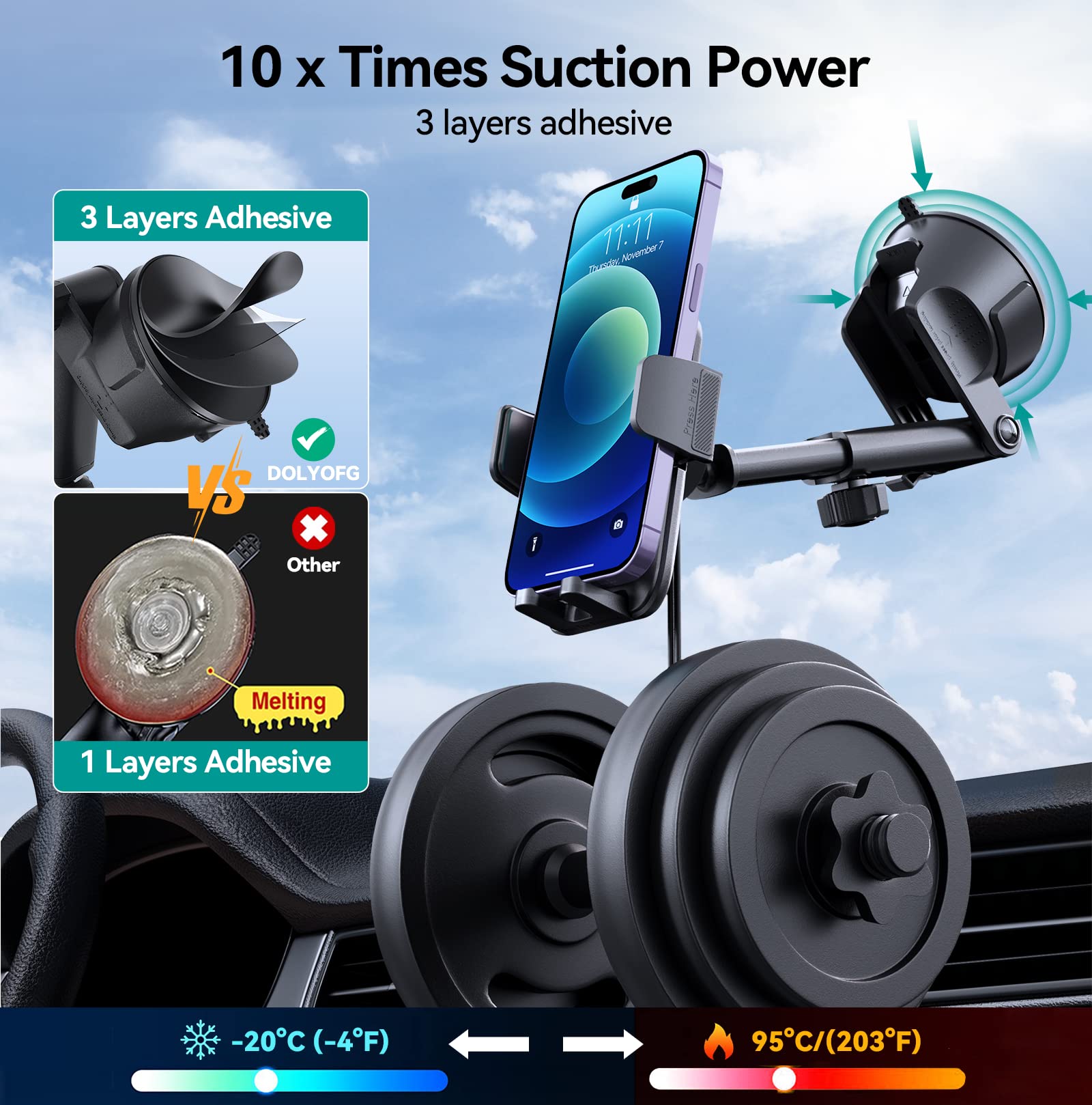 Dolyofg Car Phone Holder Mount, [Military-Grade Suction & Super Sturdy Base] 3 In 1 Universal Phone Mount For Car Dashboard Windshield Air Vent Car Mount For Iphone Android Smartphone Gps Navigator
