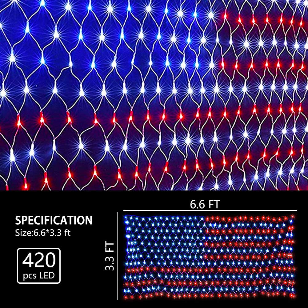 Miniao Solar American Flag Lights, Independence Day Decorations 2-In-1 Solar Powered & Plug In Us Flag Lights 420 Led 8 Modes Waterproof Flag Lights For July 4Th Independence Day, Garden, Yard Decorations