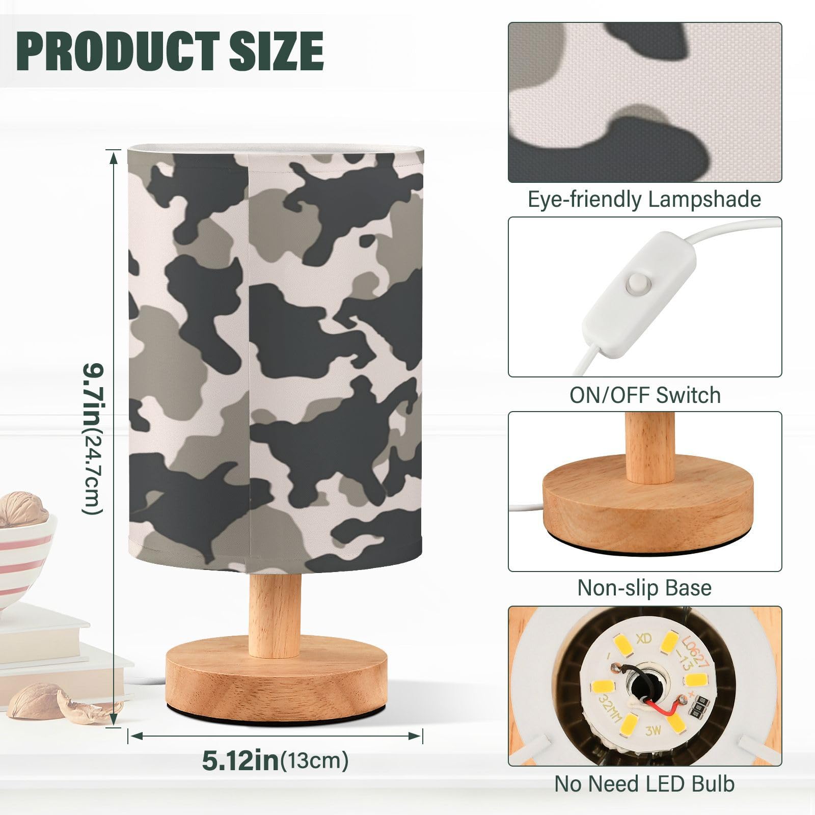 Kigai Camo Style Bedside Table Lamp,Nightstand Lamp With Usb Ports Bedside Lamp For Living Room Bedroom Home Office