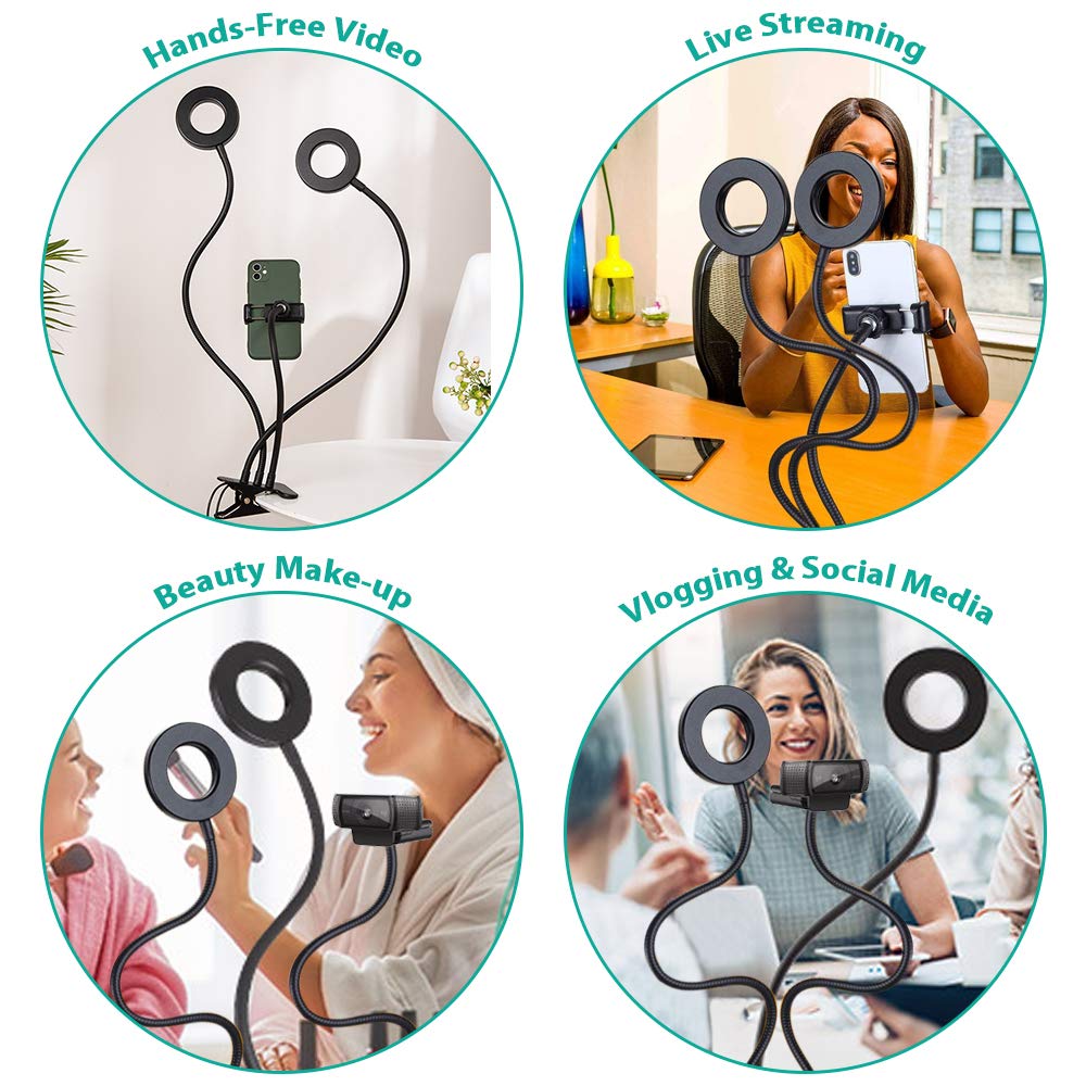 Nexigo 3.5 Inch Dual Selfie Ring Light With Moible Phone & Webcam Holder, 3-Light Modes, 10 Brightness Levels, Led Ringlight With Tripod Stand, For Live Streaming Makeup Video Conference