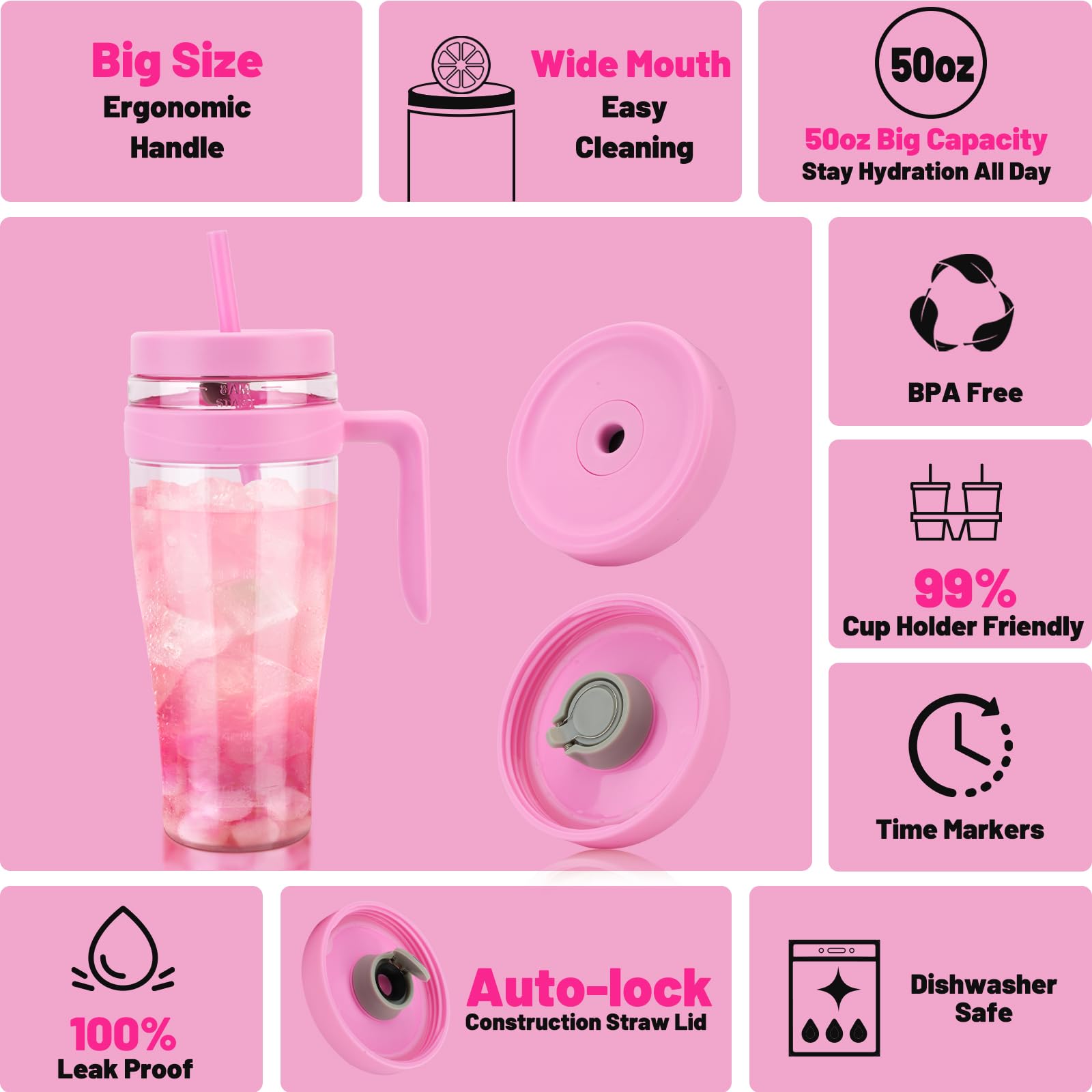 Hydraful 50 Oz Tritan Plastic Tumbler With Lid And Straw And Handle - 100% Leak-Proof - Perfect