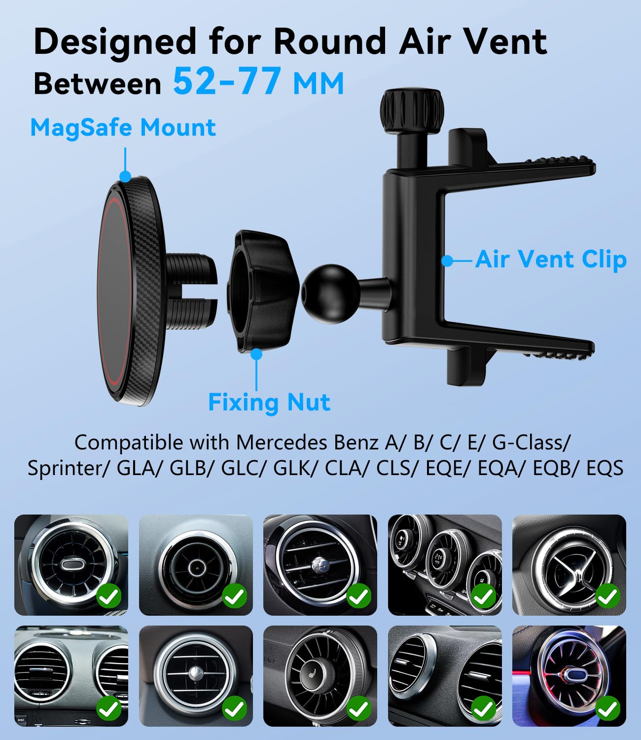 Alafly Compatible With Magsafe Car Mount For Mercedes Benz A/B/C/E/G/Gla/Glk Round Air Vent, Strong Magnetic Phone Holder For Iphone 16 15 14 13 12 Pro Max Plus Mini