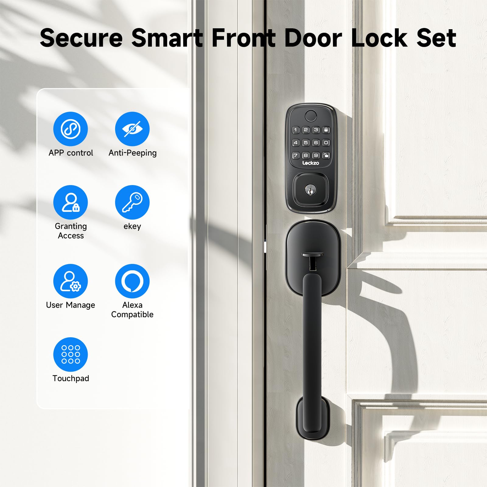 Lockzo Smart Door Lock With Handle, Keyless Entry Door Lock Deadbolt Handle Set, Built-In Wifi Deadbolt Smart Lock For Front, Fingerprint, Keypad Code, App Control, Voice Control