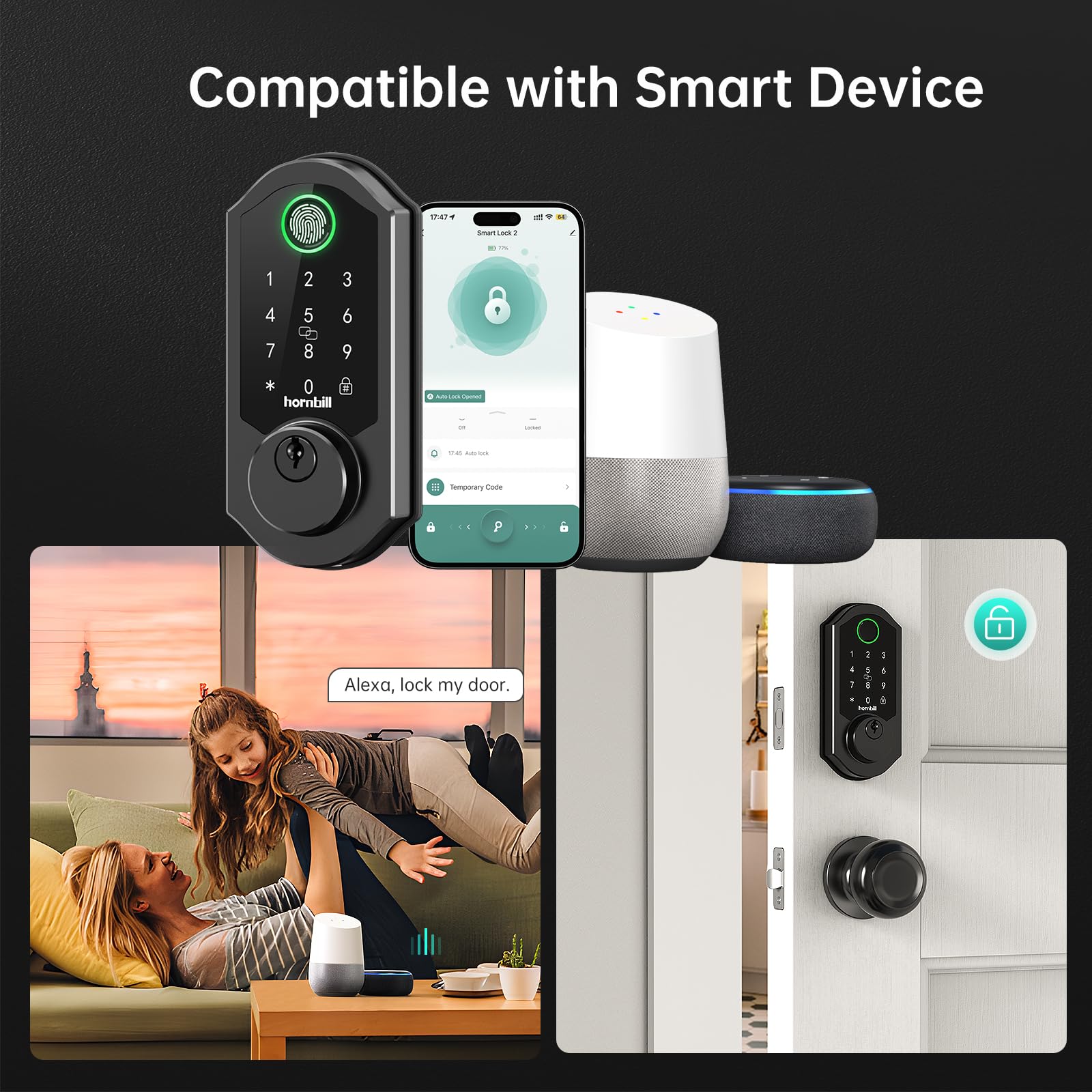 Hornbill Front Door Lock Set: Wifi Keyless Entry Smart Deadbolt Knob With Fingerprint Keypad App Code Fobs Remote Control Alexa Google, Digital Electronic Touchscreen Lock For Exterior, Matt Black