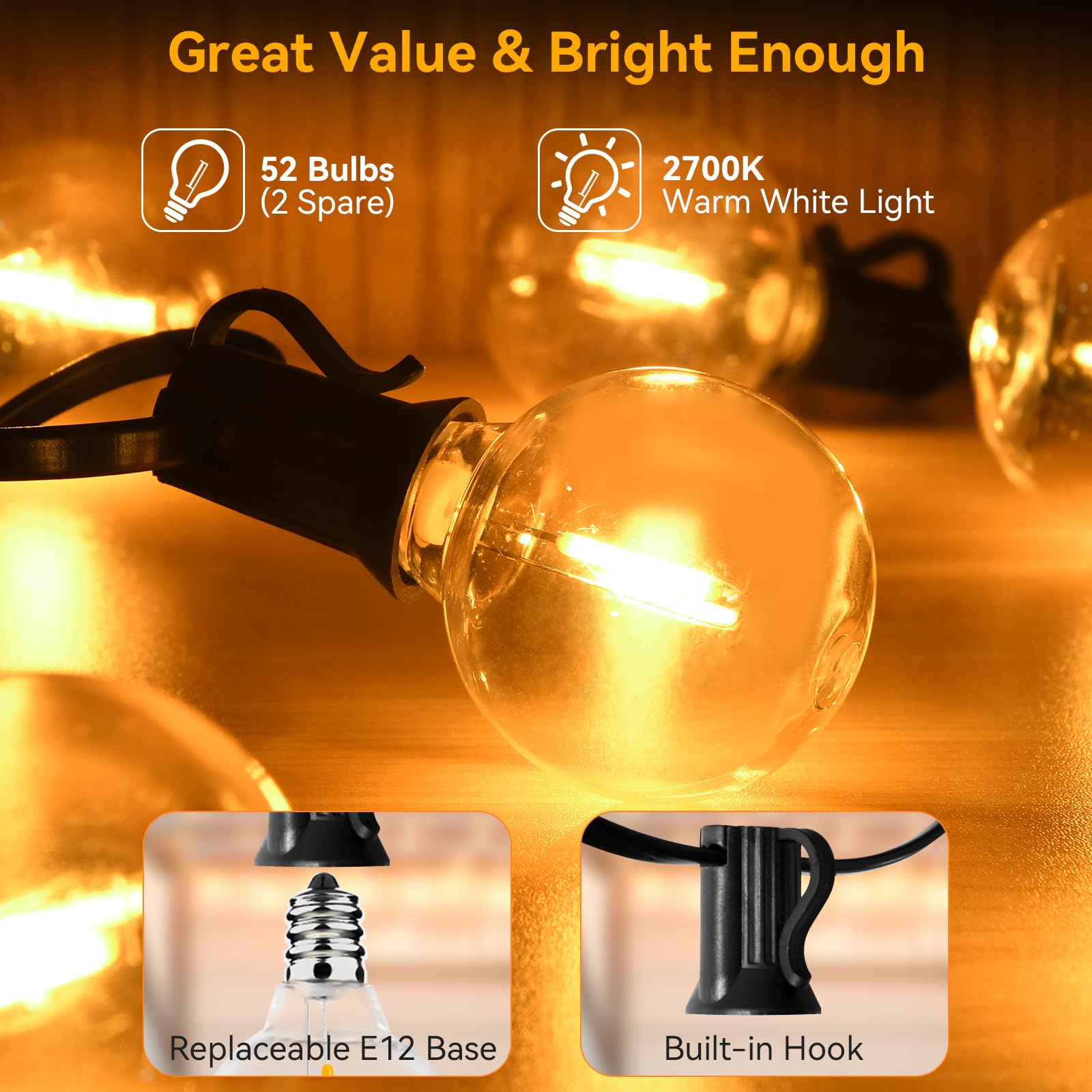 Arbrac 100Ft Outdoor String Lights Waterproof/Connectable/Dimmable With 52 Led Shatterproof Bulbs,2-Pack 50Ft Ul Listed Globe G40 String Lights Outside Lighting For Patio Backyard Cafe Party Wedding Garden