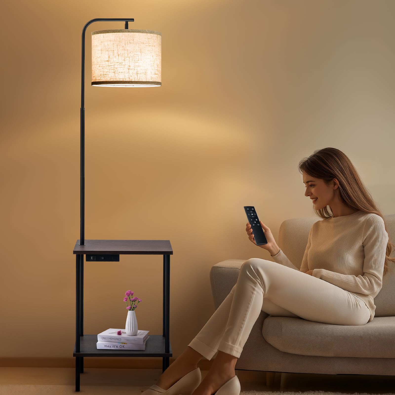 Eoeyyoyb Floor Lamp With Table, End Table Lamp With Usb Charging Port Power Outlet And Shelves, Side Table Reading Light With 3 Color Temperature Led Bulb Included, Floor Lamps For Living Room, Walnut