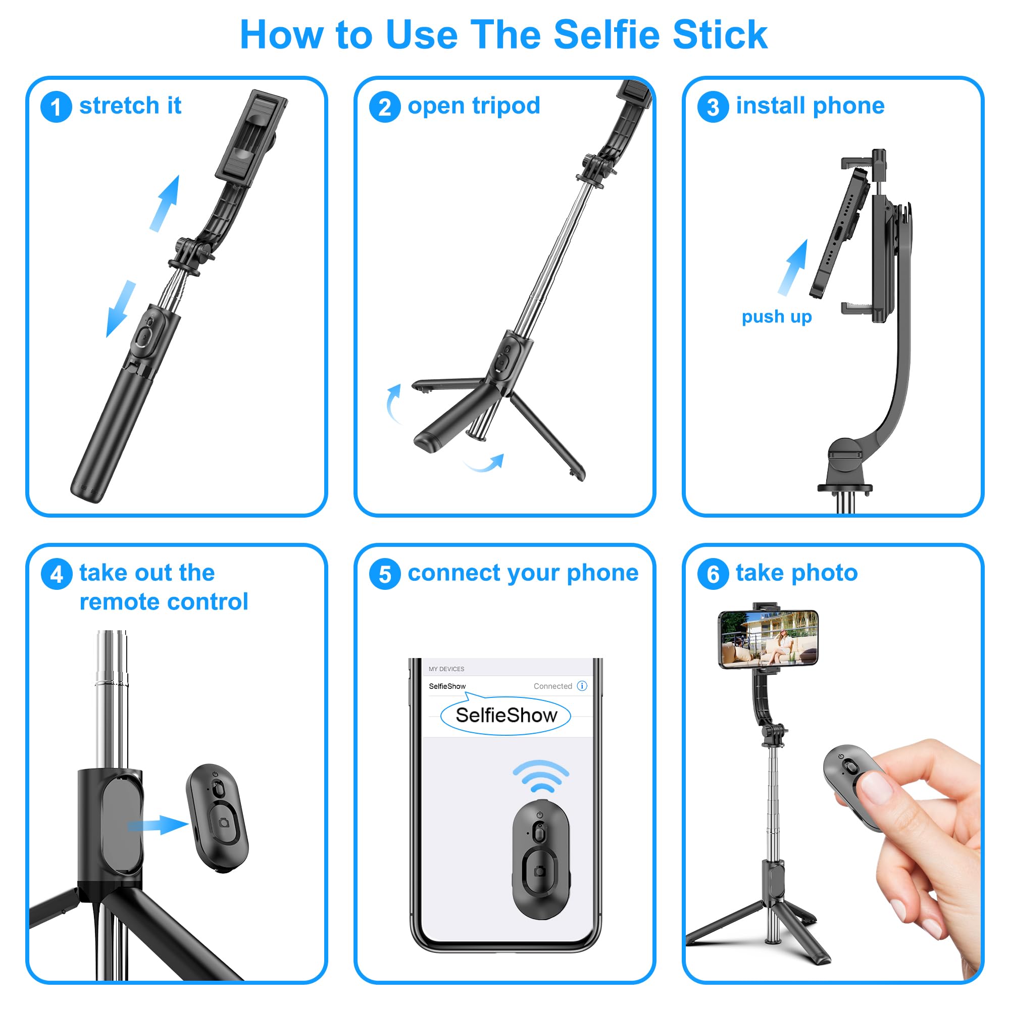 Selfieshow Selfie Stick, Extendable Selfie Stick Tripod With Wireless Remote And Tripod Stand, Portable, Lightweight, Compatible With Iphone 15 14 13 12 Pro Xs Max X 8Plus, Samsung Smartphone And More