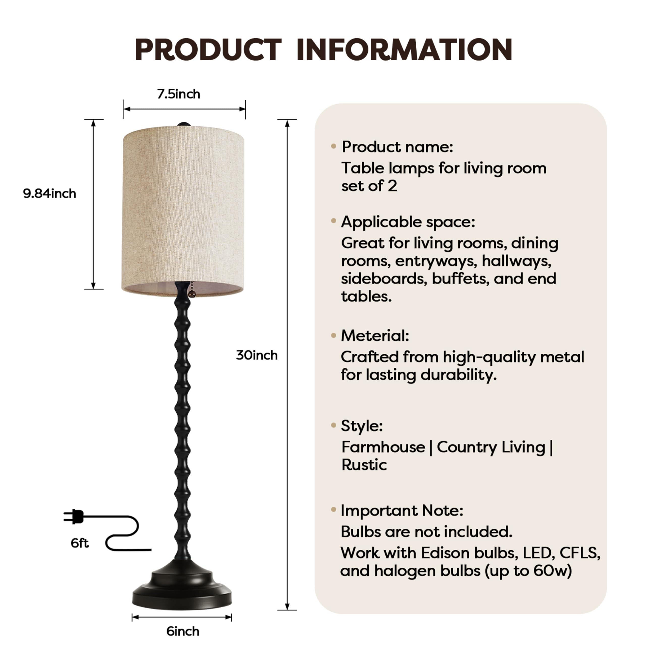 Lampworks Buffet Lamps, Table Lamps Set Of 2-30" Tall With Sturdy Metal Bases & Textured Linen Shades - Ul , Ideal For Creating A Cozy Vibe In Living Rooms, Dining Rooms & Entryways