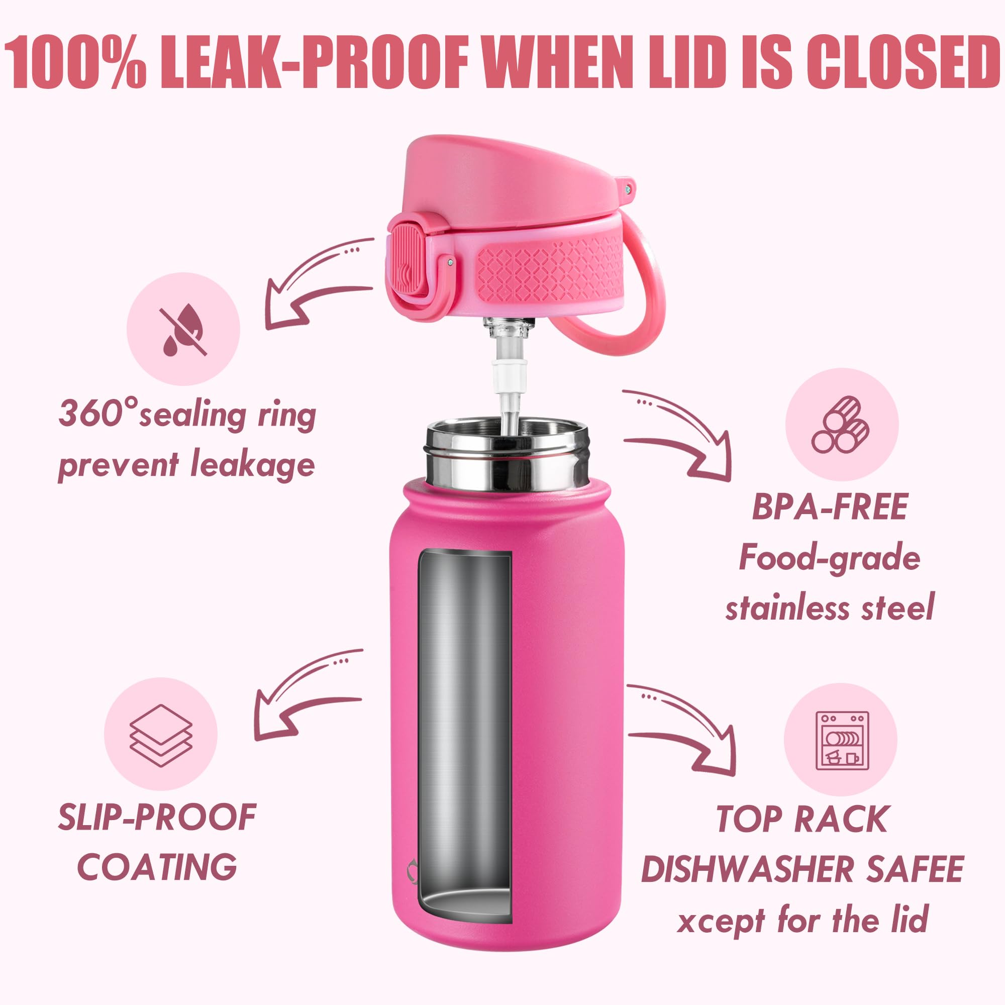 Oldley 12Oz Kids Water Bottle, Stainless Steel Insulated Water Bottle For Kids, With Straws Leak-Pr