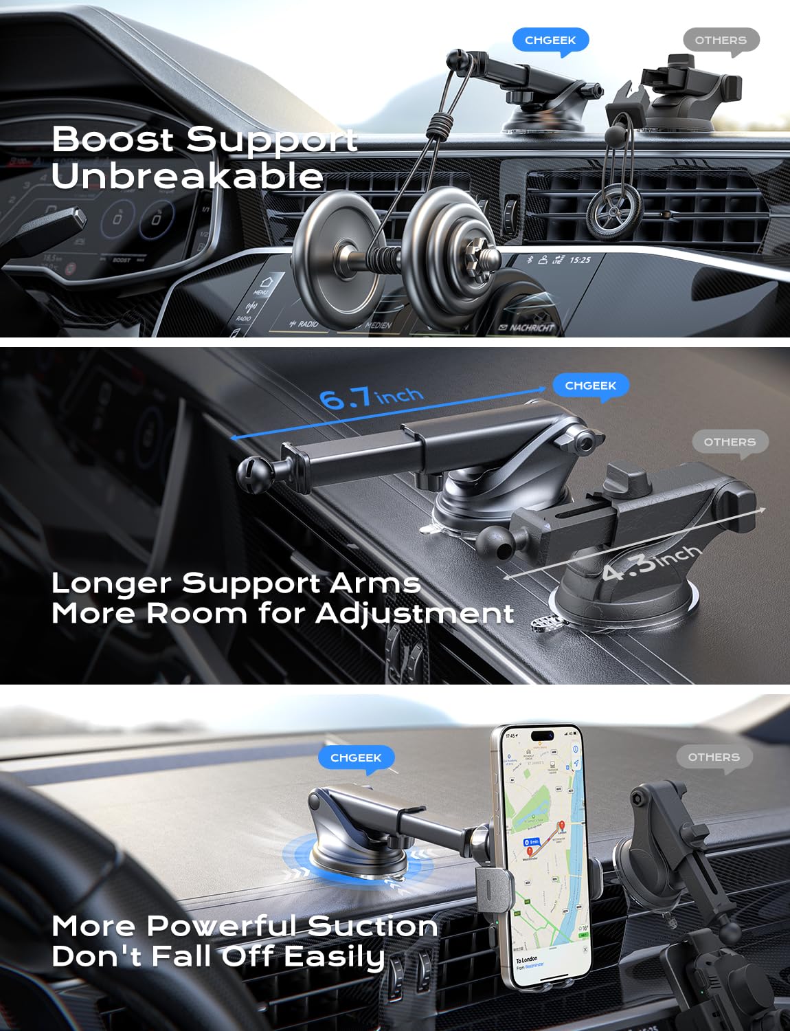 Chgeek Wireless Car Charger, 15W Fast Charging Auto Clamping Car Charger Phone Mount Phone Holder Fit For Iphone 16 15 14 13 12 Pro Max 11 Xr Xs, Samsung Galaxy S24 Ultra S23 S22 S21, S20, S10+, Black
