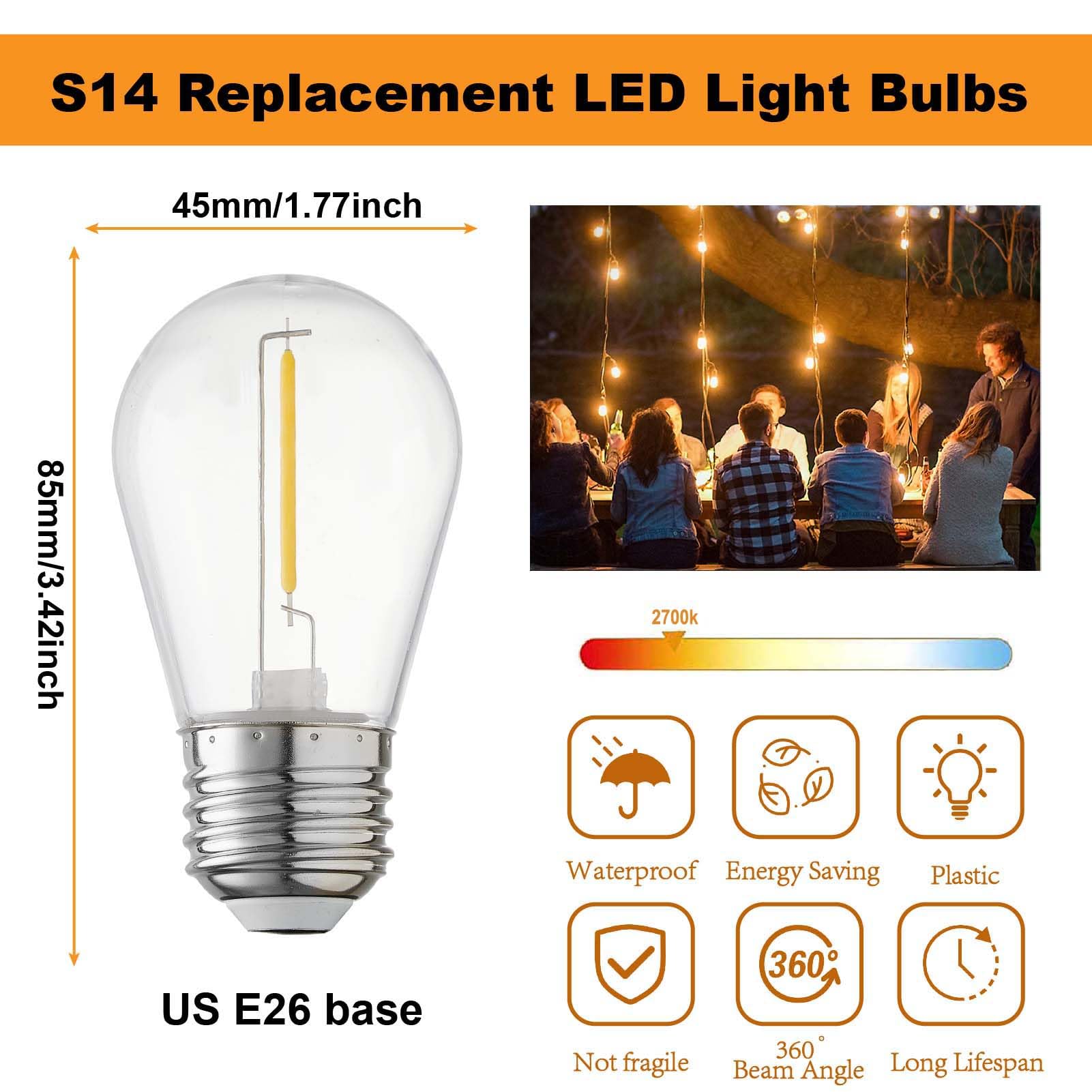 Abulber 25 Pack S14 Led Outdoor String Light Replacement Bulbs,Clear Plastic,Shatterproof,Waterproof.1 Watt To Replace 11 Watts Incandescent Bulb,120V 2700K E26,Warm White