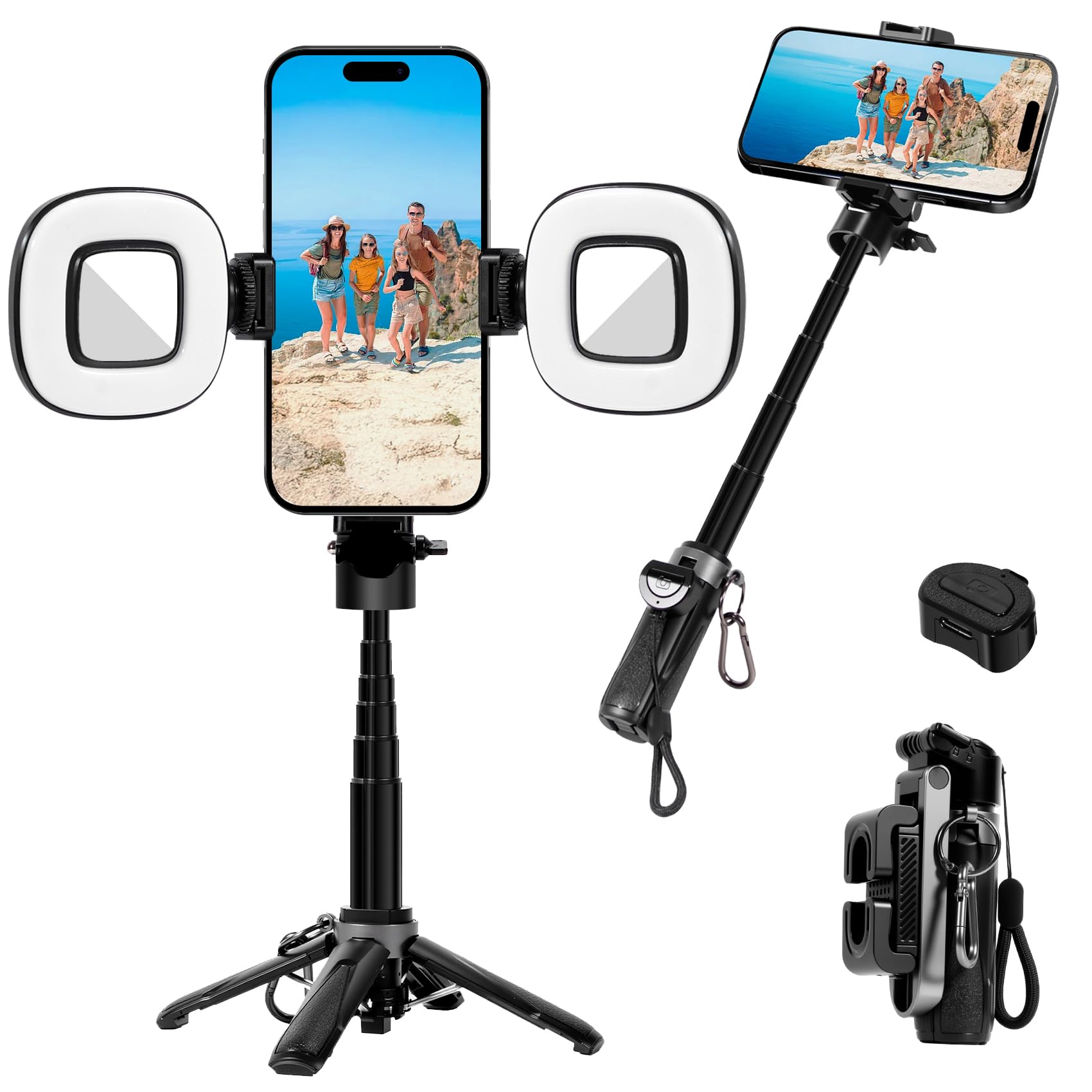 Davidlinlin 3-In-1 Mini Phone Tripod, Selfie Stick And Phones Holder, Tripods Phone With Remote Control, Lightweight Travel Tripod With 2 Lights, Compatible With 4-7 Inch Ios/Android Phones