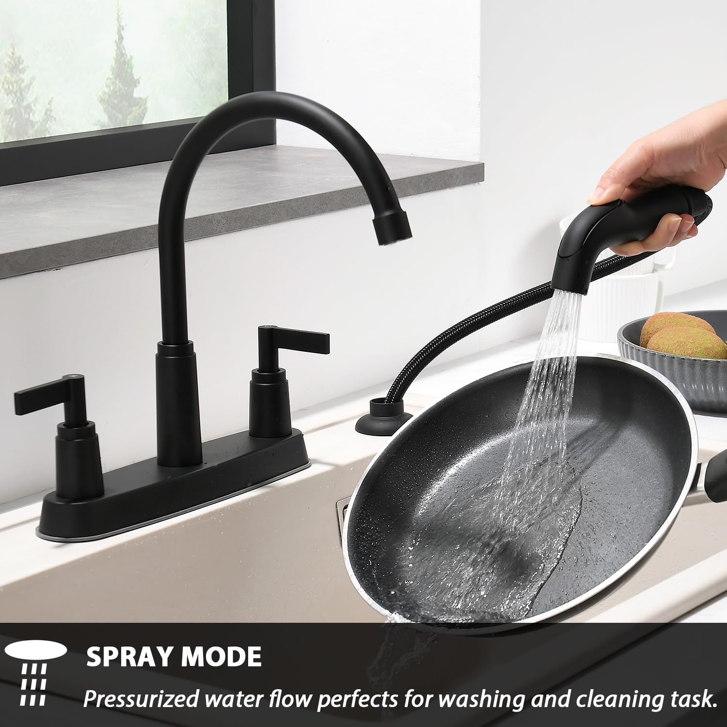 Rainmax Modern 2 Handle Kitchen Sink Faucet With Side Sprayer, High Arc 360 Swivel Stainless Steel 3 Or 4 Hole Kitchen Faucet For Rv Camper Laundry Utility Bar Sinks, Matte Black