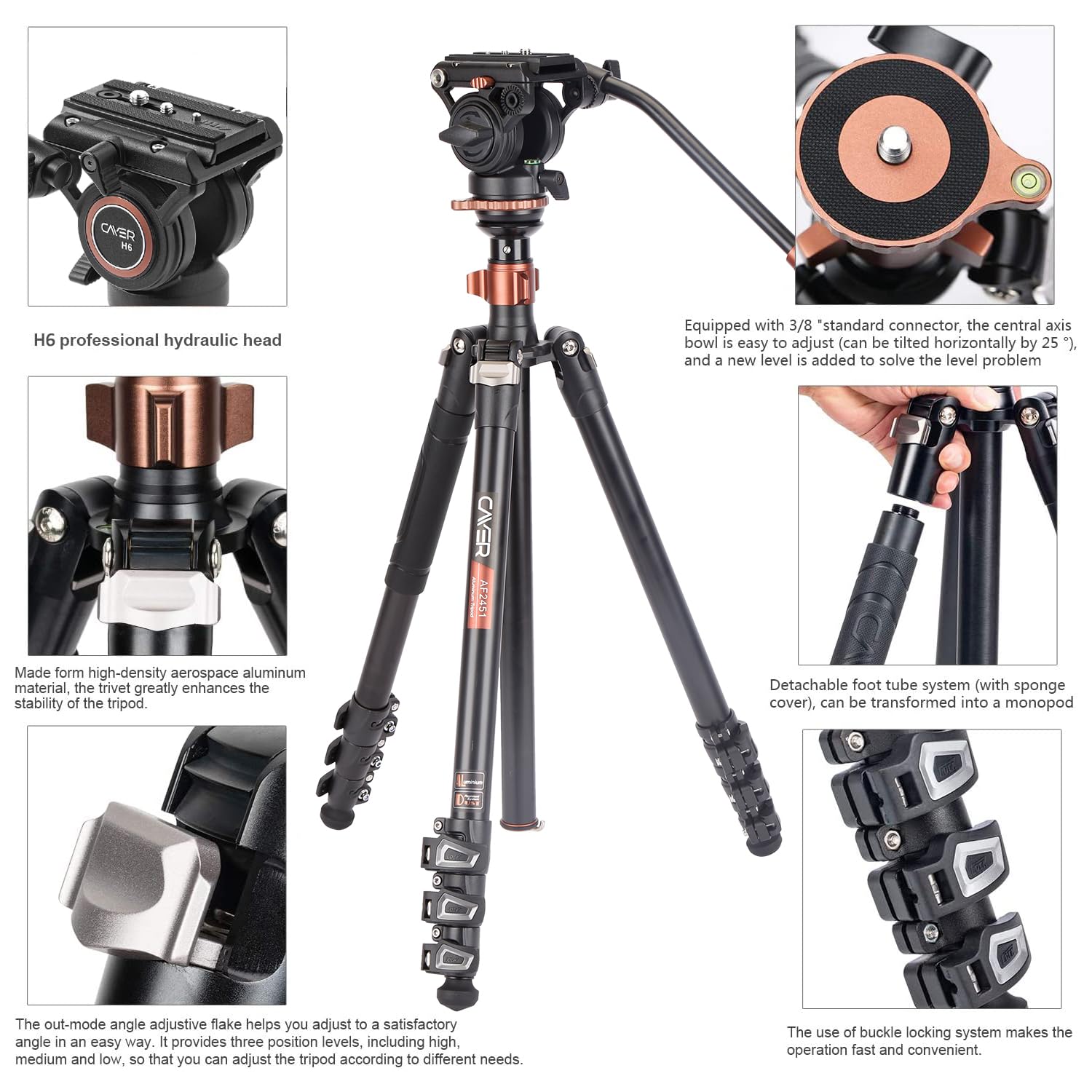 Cayer Af2451 Video Tripod With Fluid Head, 74.6" Convertible Aluminum Tripod To Monopod, 13.2 Lbs Payload, Half Ball Leveling Base For Dslr Cameras And Video Recording