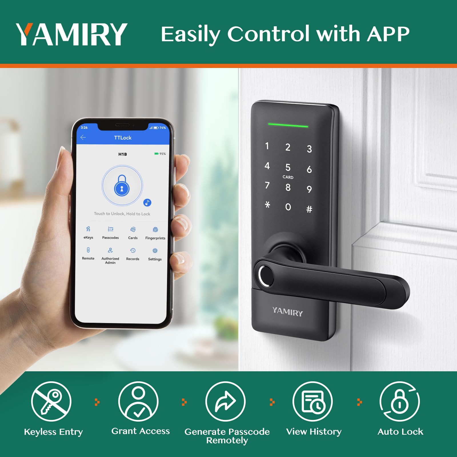 Yamiry Smart Door Lock, Biometric Fingerprint, Keyless Entry, App Control, 6 Ways To Unlock, Diy Installation, Black