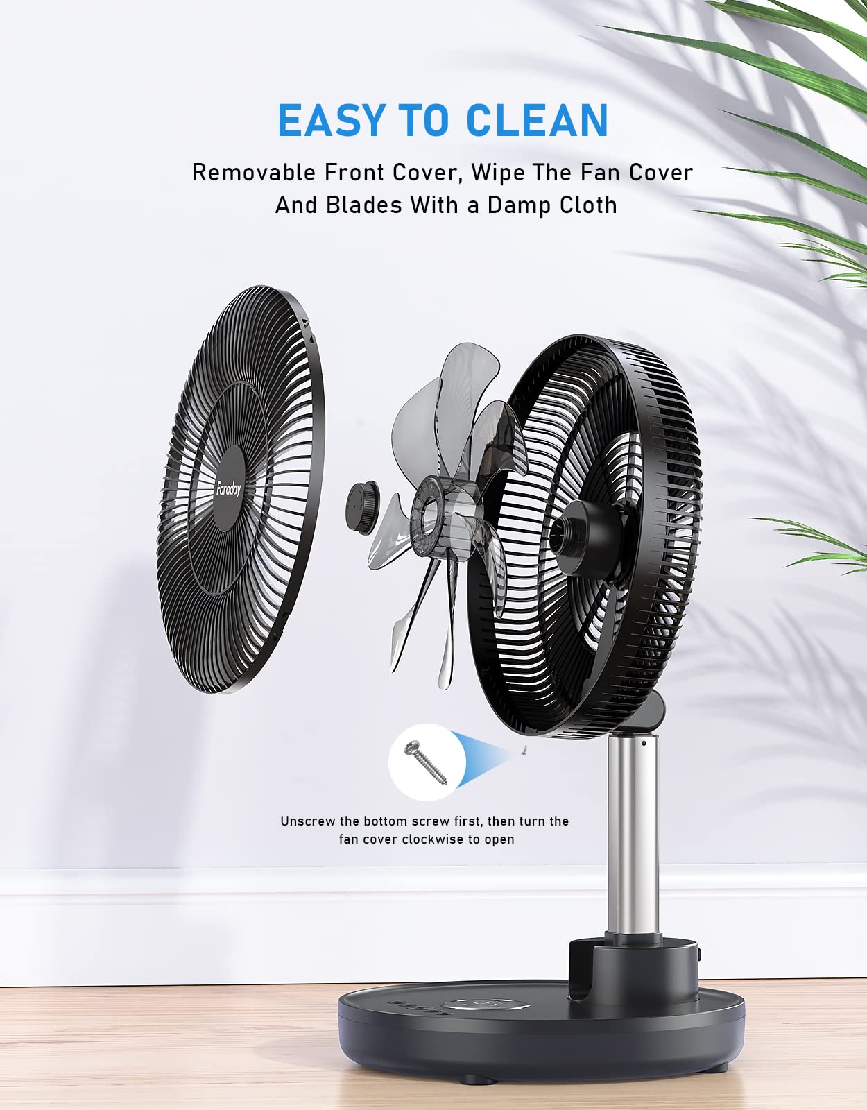 Faraday Oscillating Standing Fan 12” Foldable Portable Quiet Floor Fan 12000Mah Rechargeable
