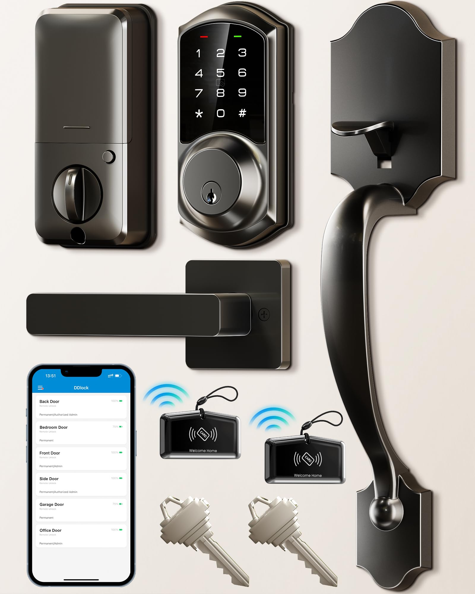 Veise Ve06-H Smart Front Door Lock Set, App Control, Keyless Entry Deadbolt With Lever Handle, Electronic Digital Touchscreen Keypad, Auto Lock, Easy Install, Matte Black