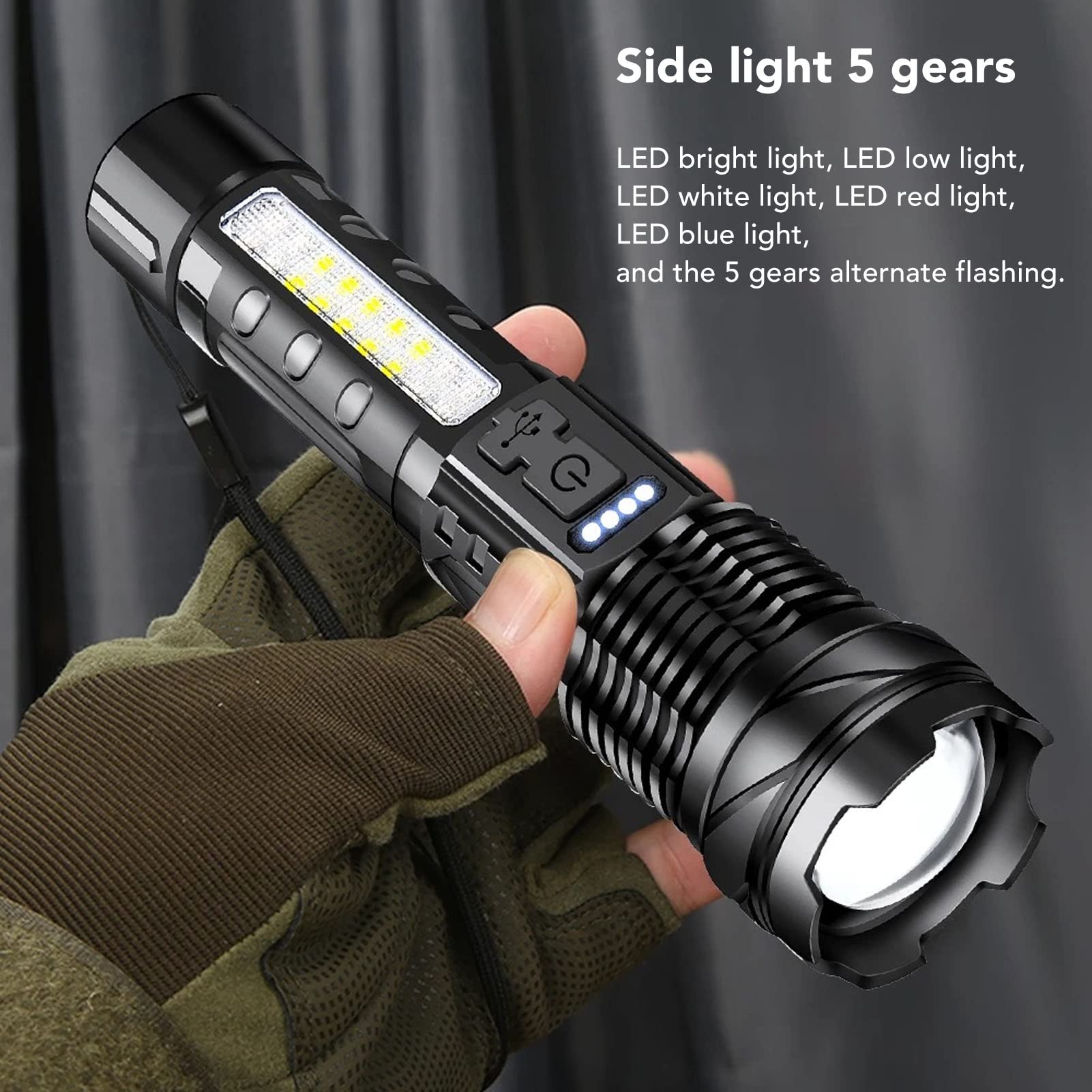 Topyond Led Flashlight With Cob Work Light,Usb Rechargeable,Ipx4 Waterproof,5 Modes,Readable Capacity For Camping,Emergency