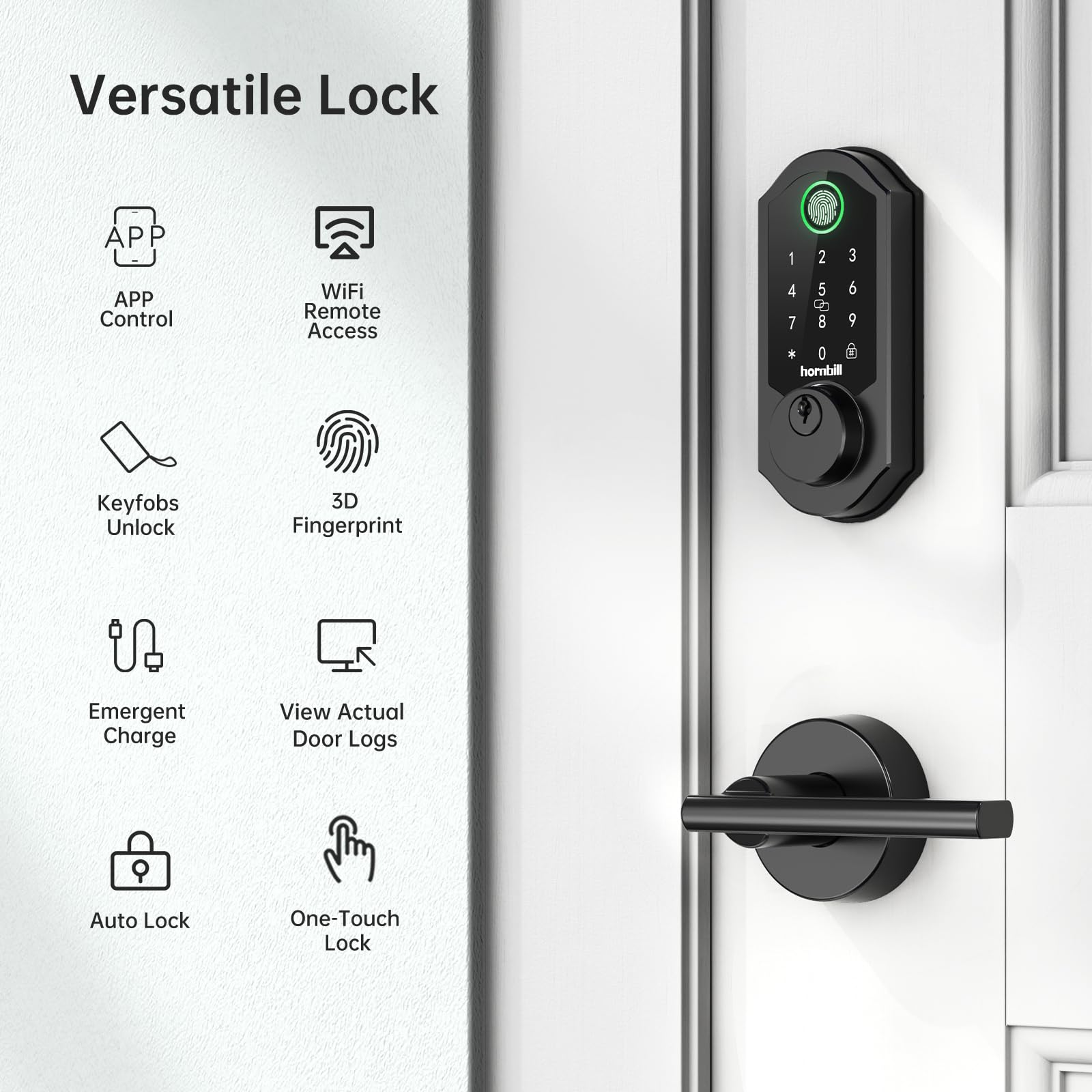 Hornbill Smart Front Lock Set Fingerprint: Wifi Deadbolt With Code App Keypad Keyless Entry Door Lock With Handle Lever Combo - Touchscreen Electronic Digital Remote Control For Front Door, Matt Black