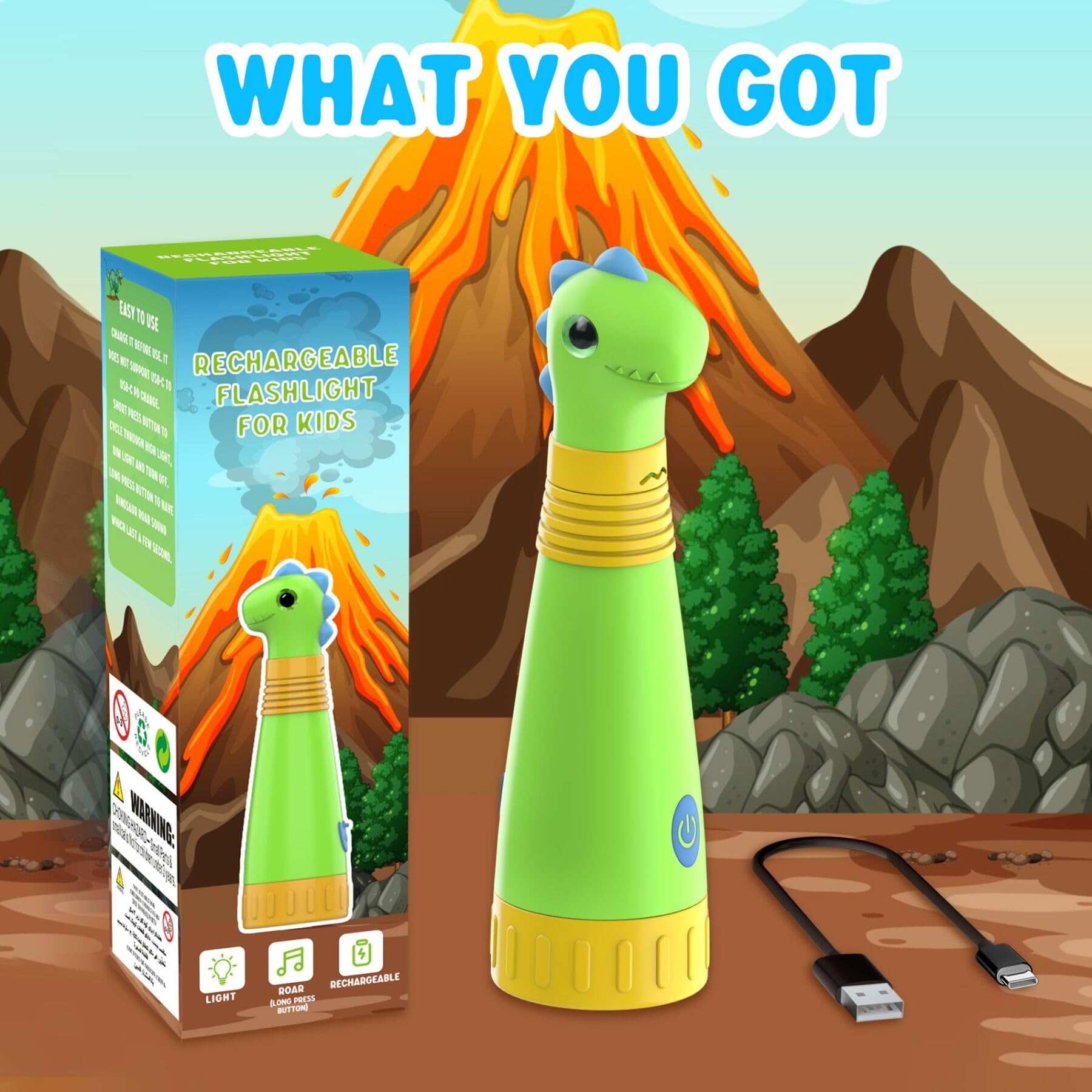 Cosoos Rechargeable Dinosaur Flashlight For Kids, Roar Mode, Kids Flashlight Toys, Outdoor Camping Gear Accessories, Birthday  Easter Basket Stuffers For Kids 3 4 5 6 7 8 9 10 Years Boys Girls