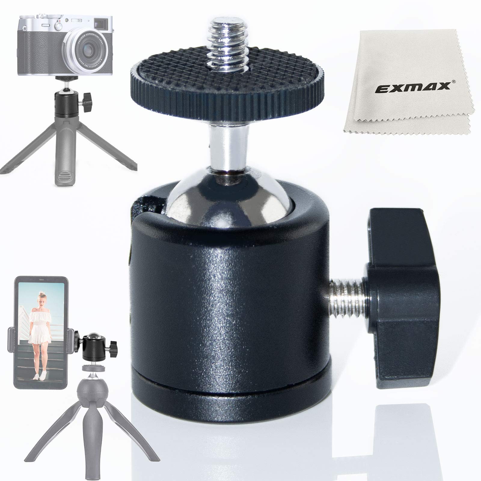 Exmax 360 Degree Aluminum Alloy Body Rotating Swivel Mini Tripod Ball Head With 1/4" Screw Thread Base Mount For Lighter Dslr Camera Camcorder Led Light Bracket Hiking Htc Vive (Black)