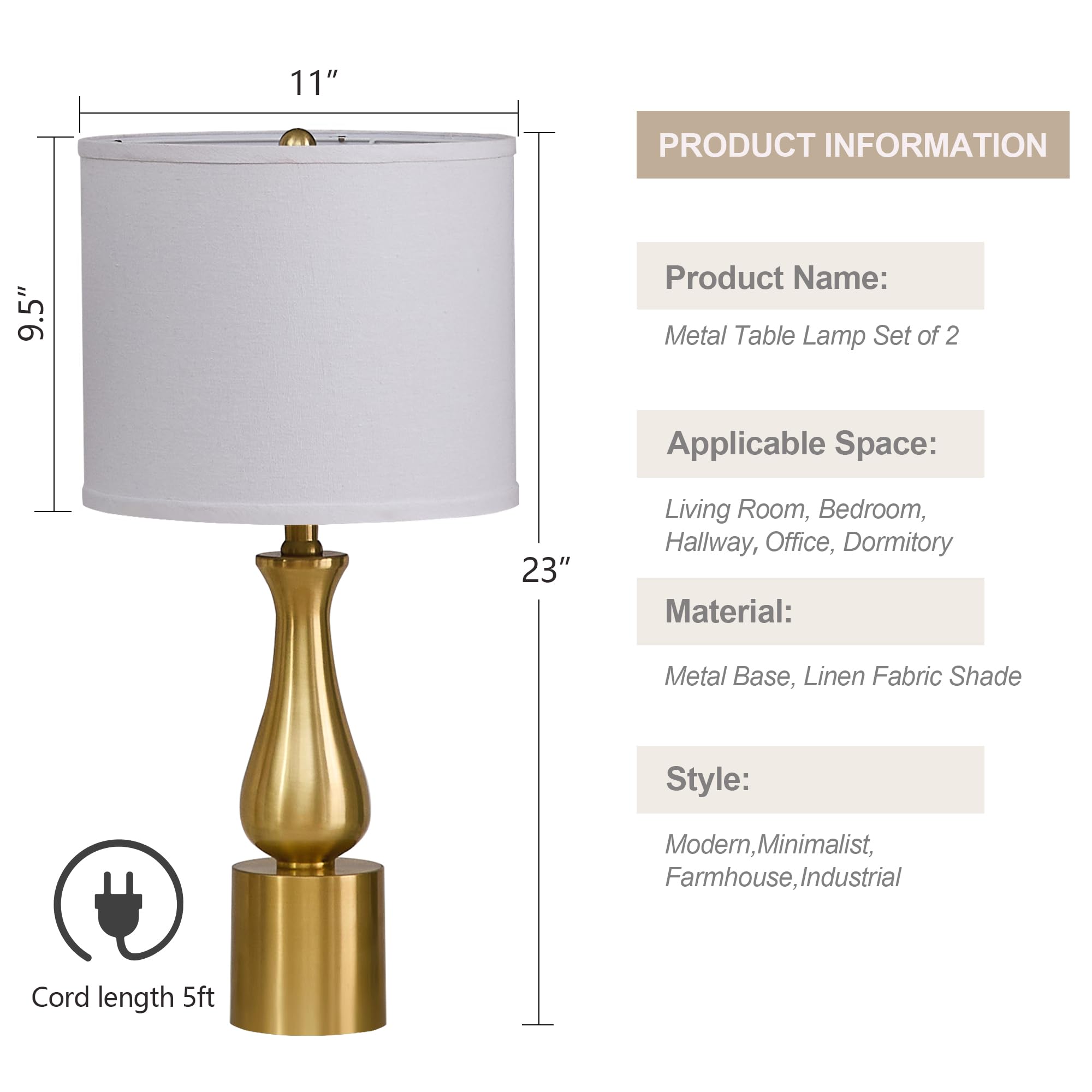 Dggdome 23" Modern Gold Lamps Set Of 2 For Bedroom, Minimalist Gold Table Lamps For Living Room Set Of 2, Small Gold Table Lamps For Nightstand Set Of 2, With White Linen Drum Lampshade For Home Office