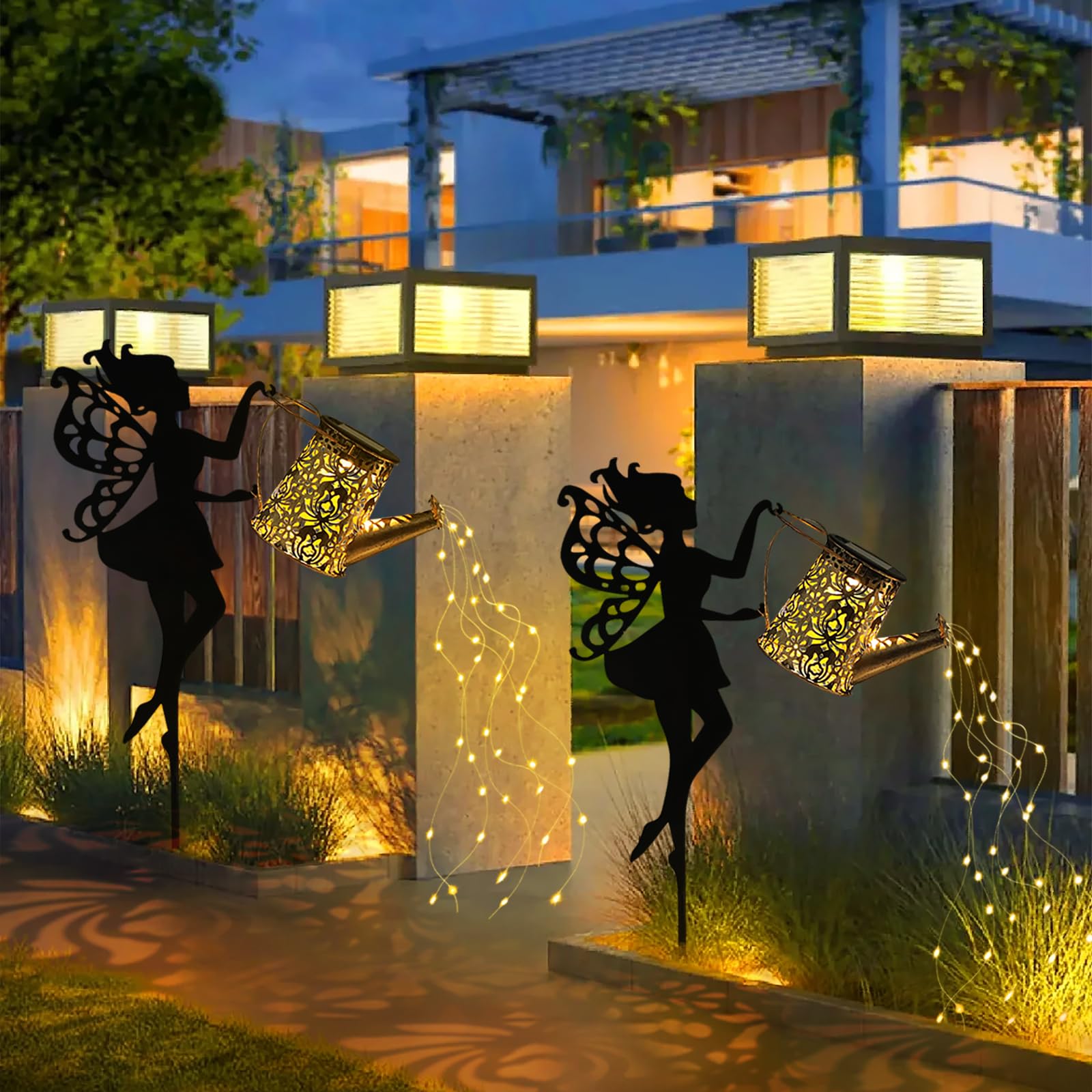 Otdecor 2 Pack Outdoor Decor Solar Watering Can With Cascading Lights - 24 Inch Garden Decor For Outside - Metal Outdoor Path Lights - Garden Solar Lights For Lawn Walkway Yard Decor(36 Led String Lights)