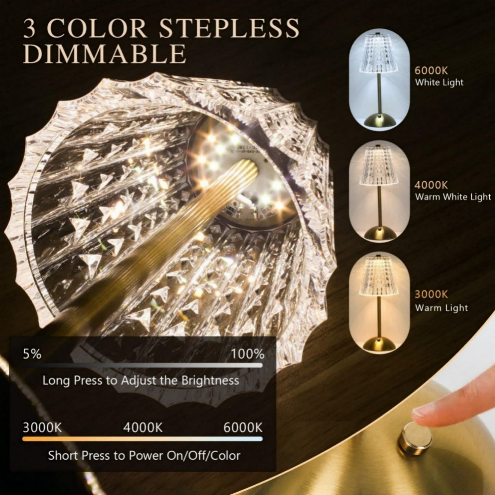 Gkeiten Crystal Table Lamp,5000Mah Rechargeable Cordless Lamp, Battery Operated Touch Light With 3 Color Modes, Dimmable Brightness, Modern Matte Aluminum Body For Bedroom, Bar, Outdoor Decor, Kitchen,
