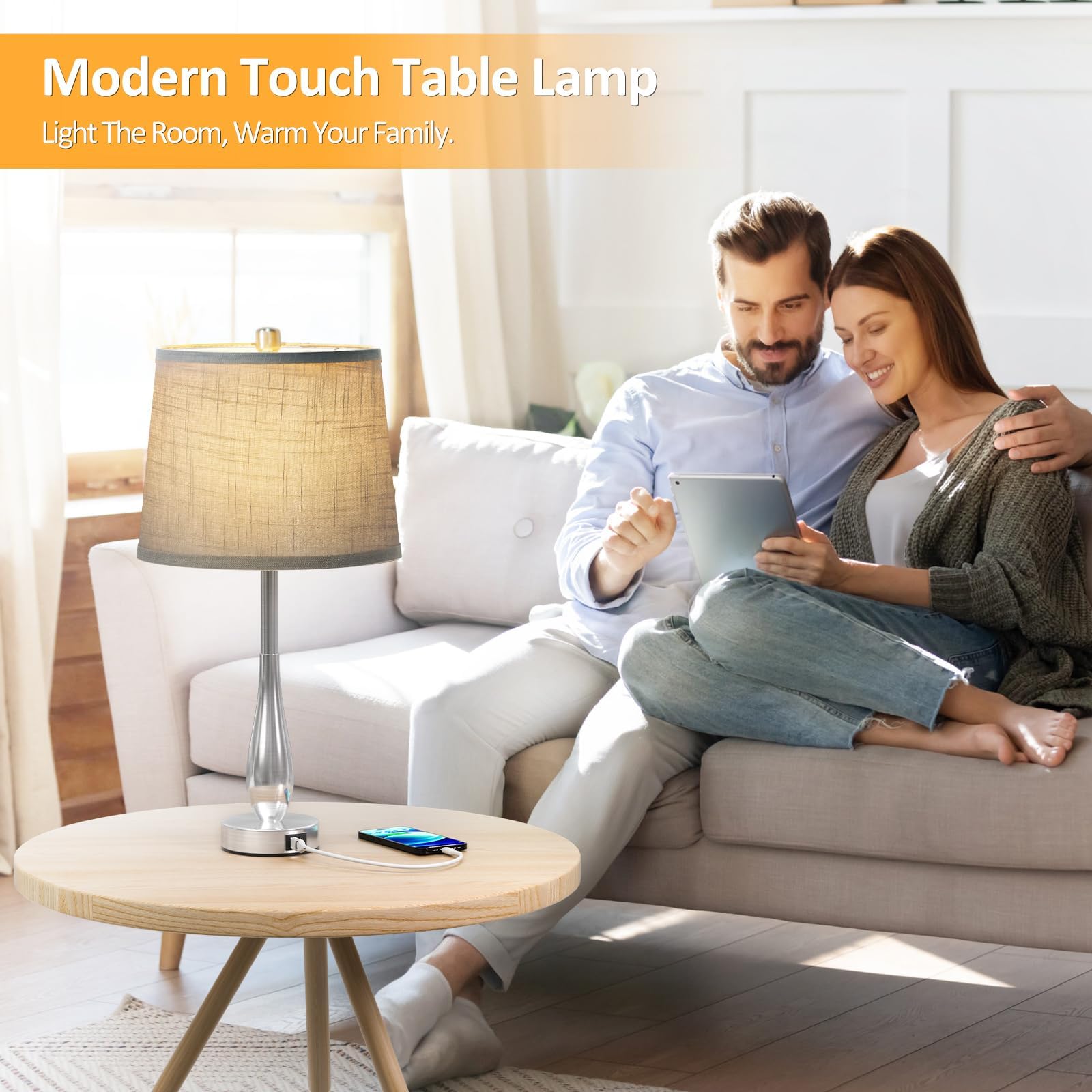 Cnxin 24" Touch Table Lamps For Bedroom Set Of 2, 3 Way Dimmable Bedside Nightstand Lamps With Usb C A Port, Modern Lamps For Living Room End Table With Brushed Nickel Body Grey Shade, Bulbs Included