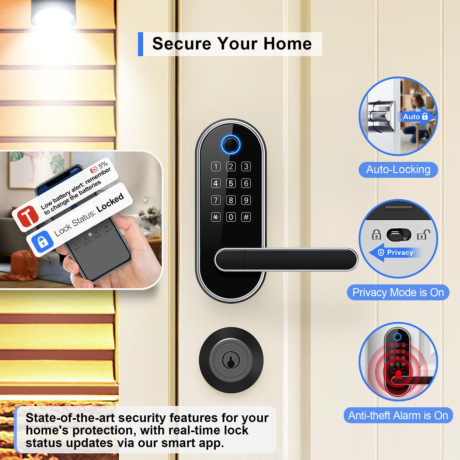 Samtecht Keyless-Entry Keypad Fingerprint Smart Lock: Digital Door Lock With Code Passcode, Electronic Door Handle, Biometric Door Knob For Entry Door, Bedroom Door (Silver)
