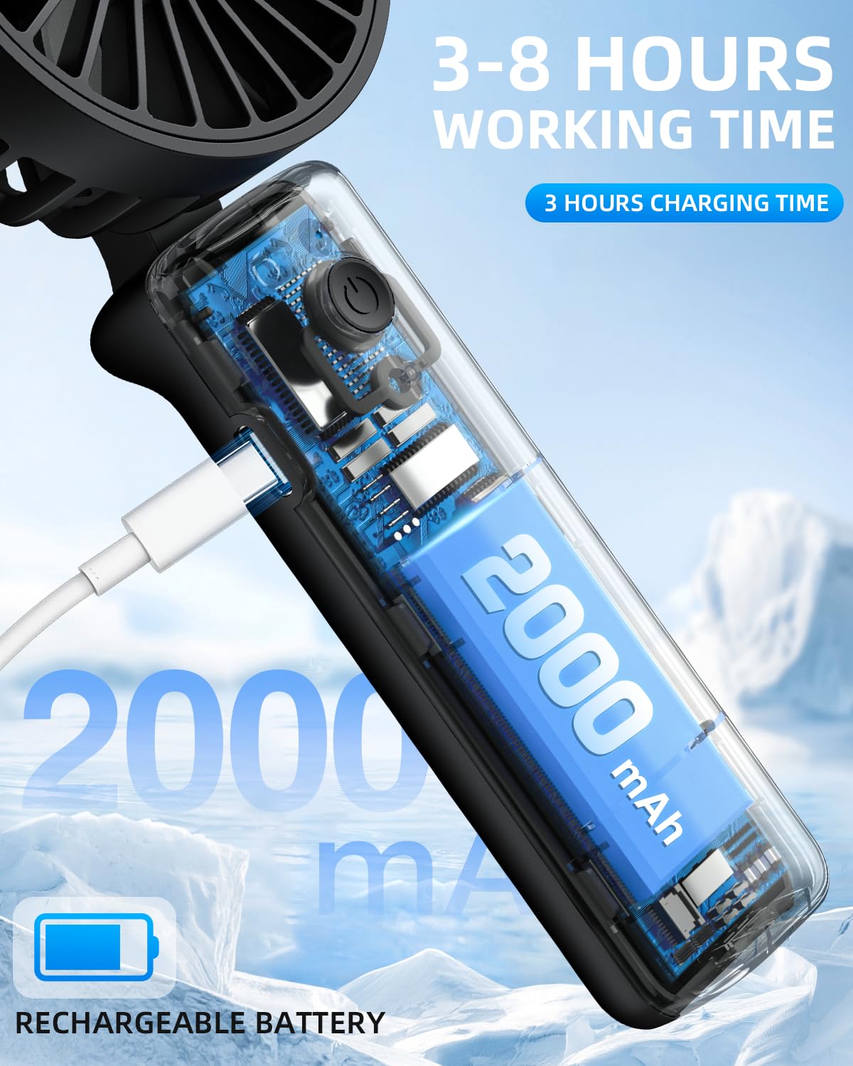 Portable Handheld Fan, Mini Desk Fan Foldable 2000Mah, 180° Ratotion, 3 Speeds, Ultra Quite