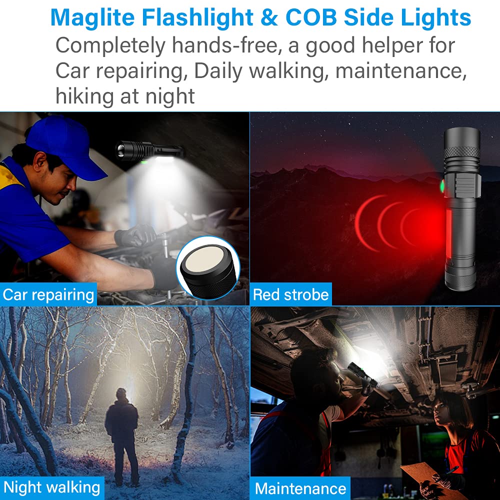 Vnina Usb Rechargeable Flashlight, Led Magnetic Flashlights Super Bright Utility Flashlights With Cob Sidelight Waterproof Zoomable 6 Modes Usb Rechargeable For Camping Emergency