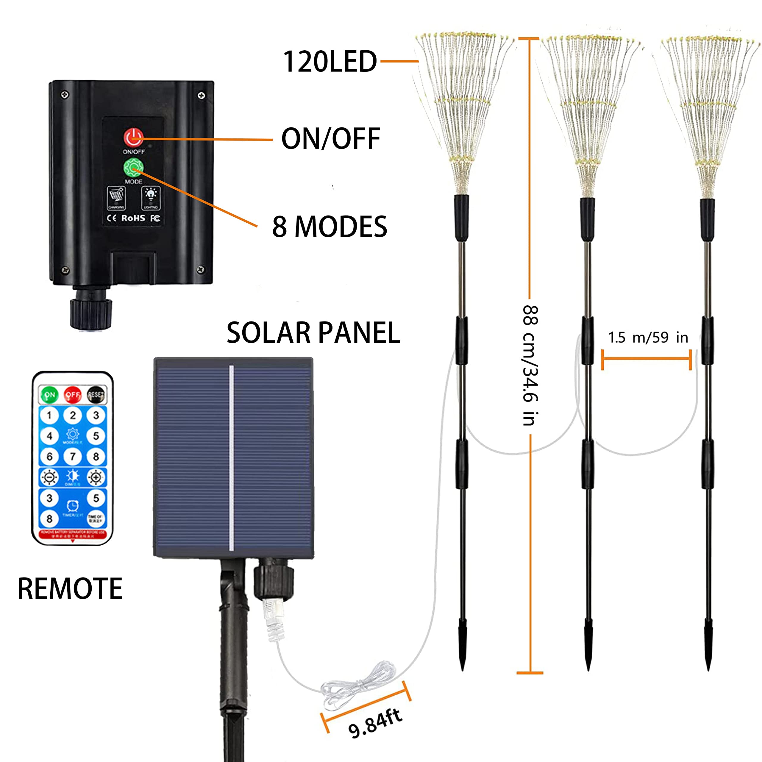 Ninite Lights Upgrated 3 Pack Solar Garden Path Lights With Remote, 120 Led Solar Firework String Lights Outdoor, 8 Modes Landscape Stake Lights For Walkway Backyard Patio Christmas Wedding Party (Colorful)