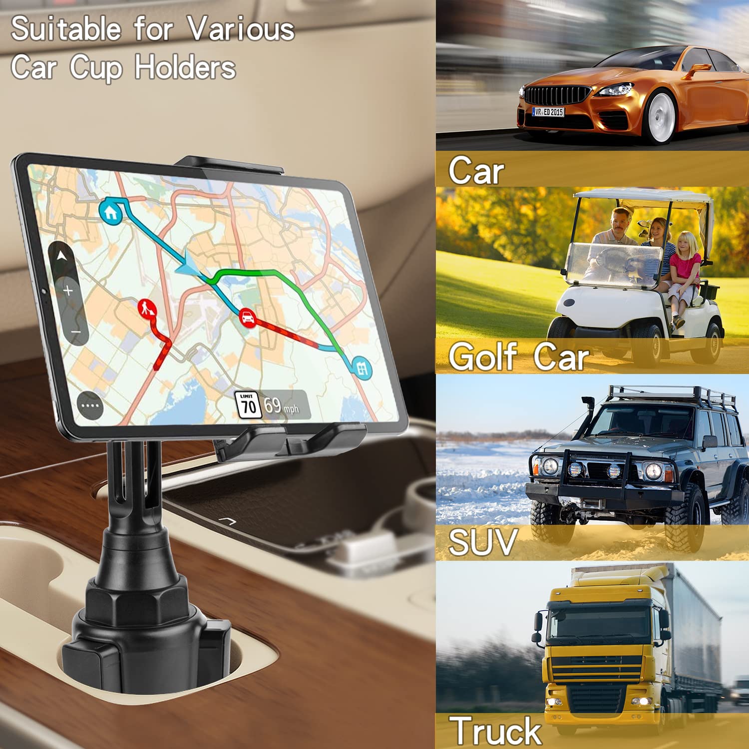 Lequiven Car Cup Phone Holder/Tablet Cup Holder Mount For Galaxy S25 Ultra/S25+/S25/S24 Ultra/S24/S24+/S23 Ultra/S23/S22/Z Fold 5/S22/S21/Ipad Mini 6, For Iphone Series And Other Devices Under 13"