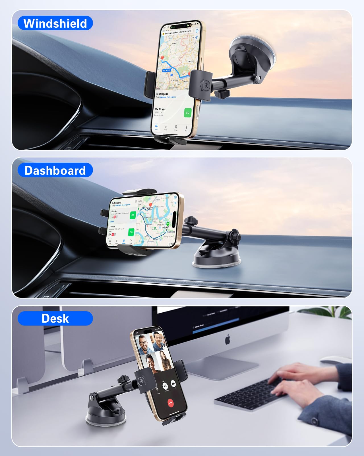 Pop-Tech Phone Mount For Car, [Military-Grade Suction] Universal Cell Phone Holder For Your Car Dashboard Windshield Window, Automobile Cradle Fit For Iphone Samsung All Smartphones With Thick Case