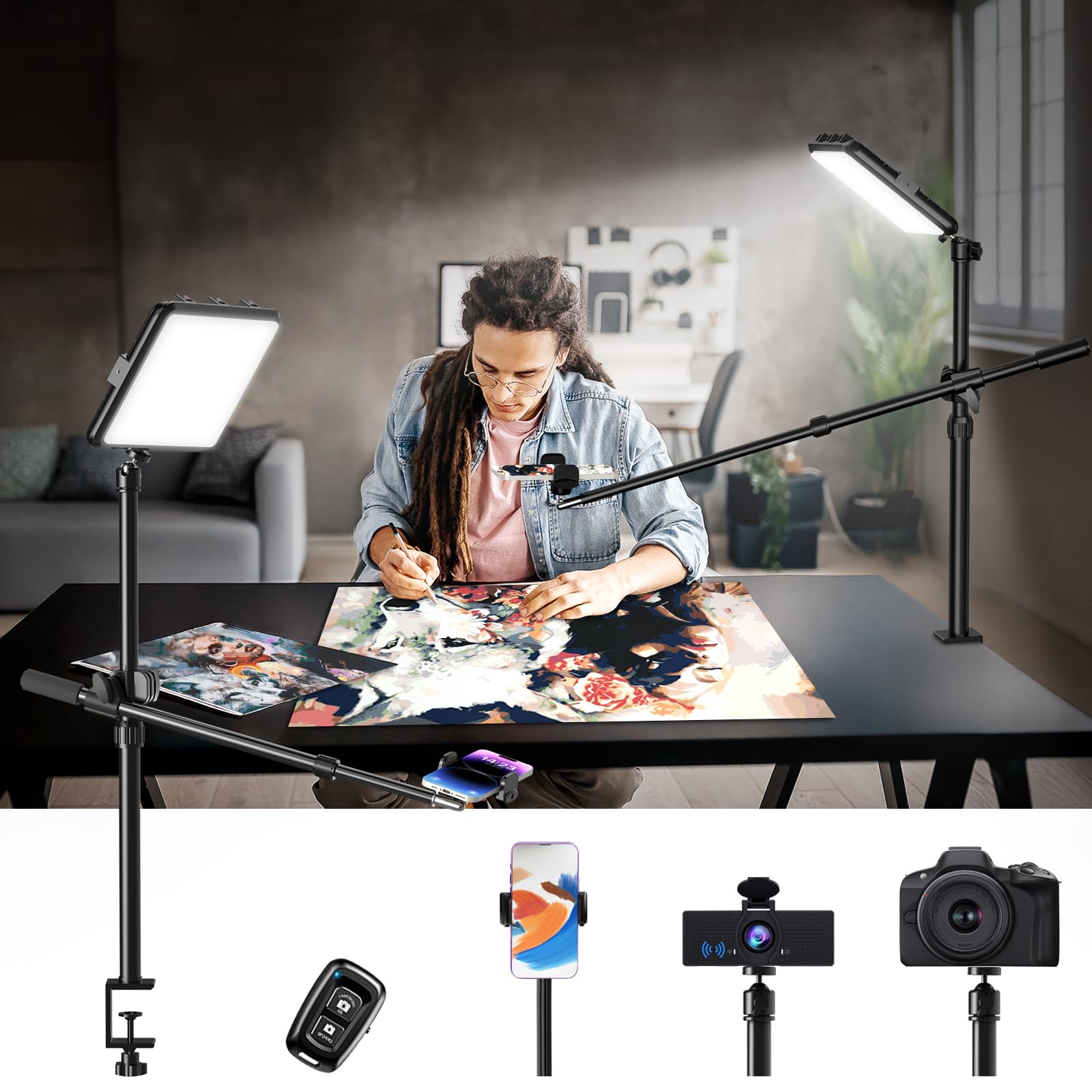 Evershop Ultra Bright Ring Light With Overhead Phone Camera Mount-Desk Clamp Key Light For Video Recording/Streaming/Filming/Photography,Desktop Lighting Kit With Tripod Stand&Phone Holder For Tiktok/Youtube